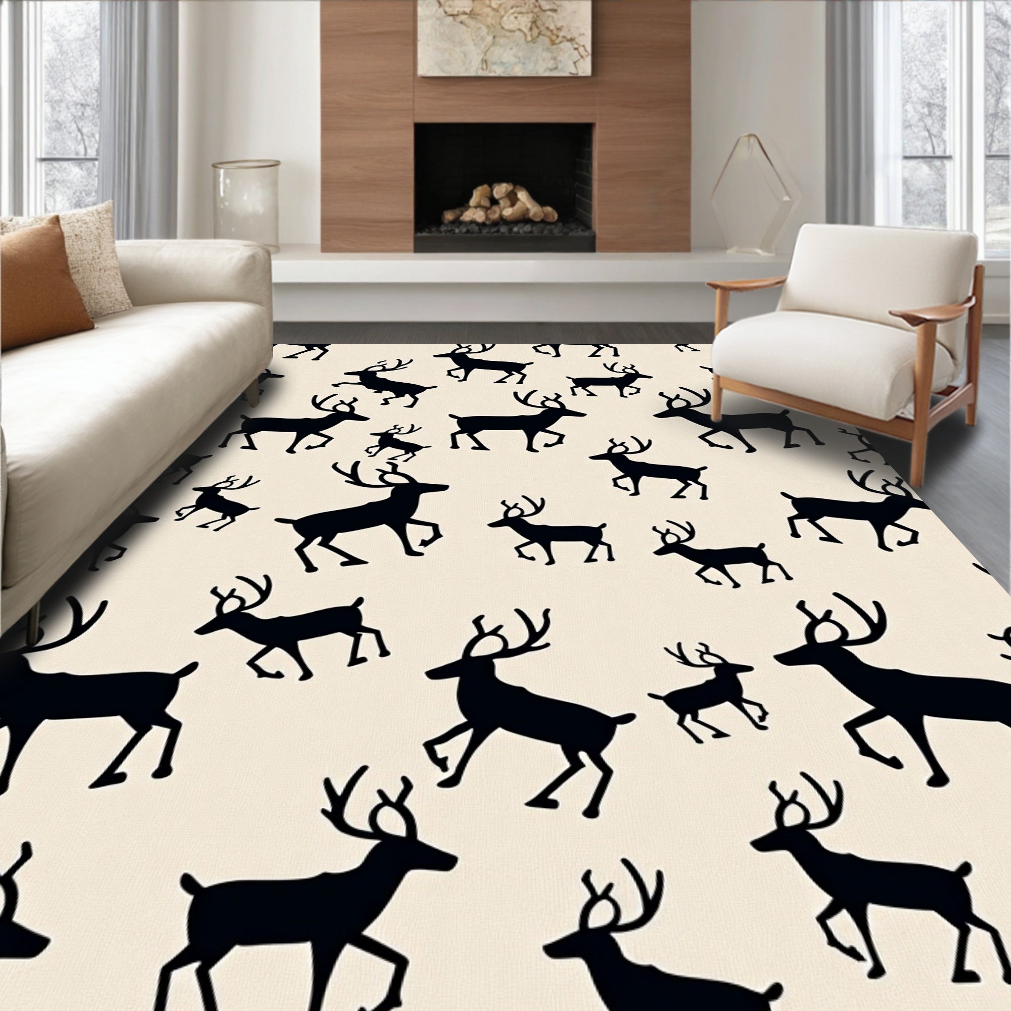Black Reindeer Silhouette Cream Background Rug