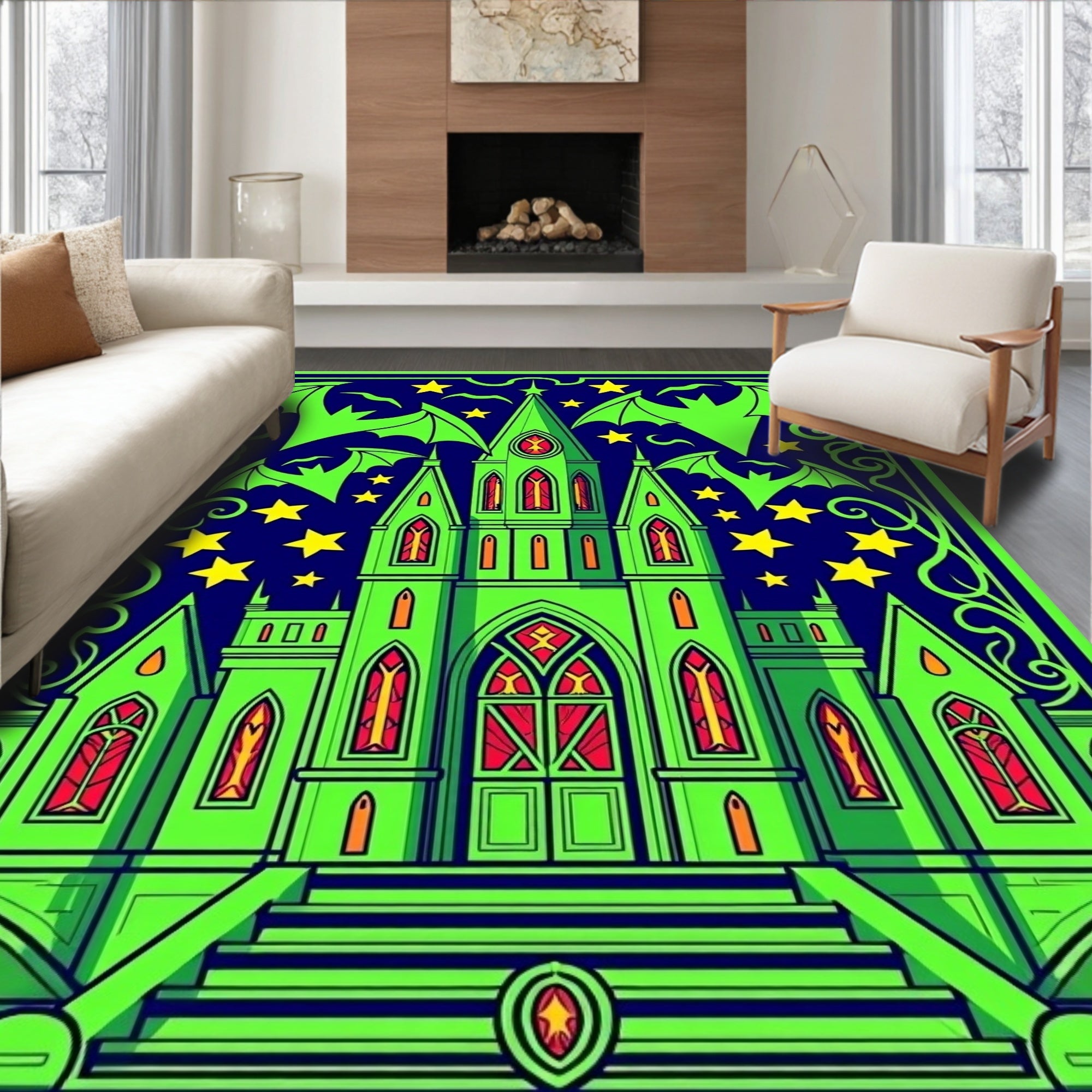 Gothic Green Castle Bats Stars Rug