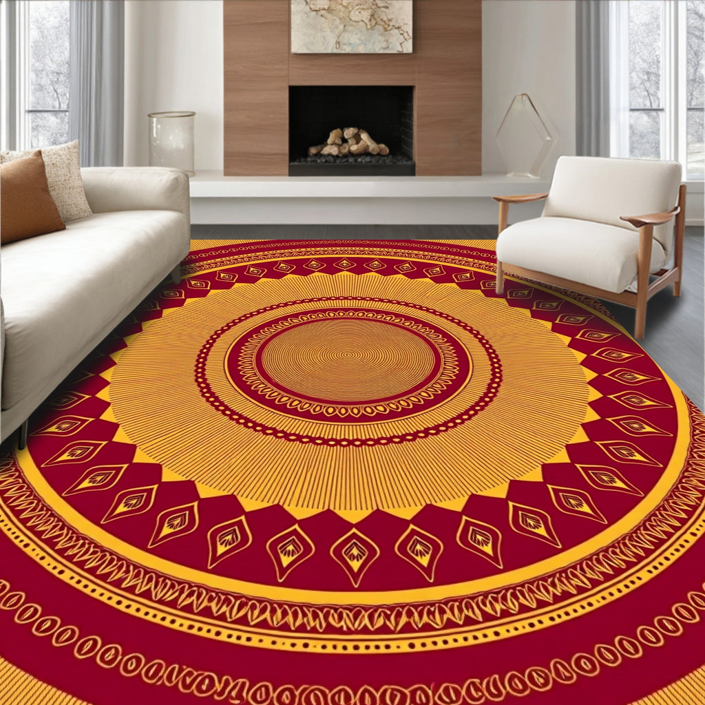 Crimson Gold Radial Sunburst Mandala Rug