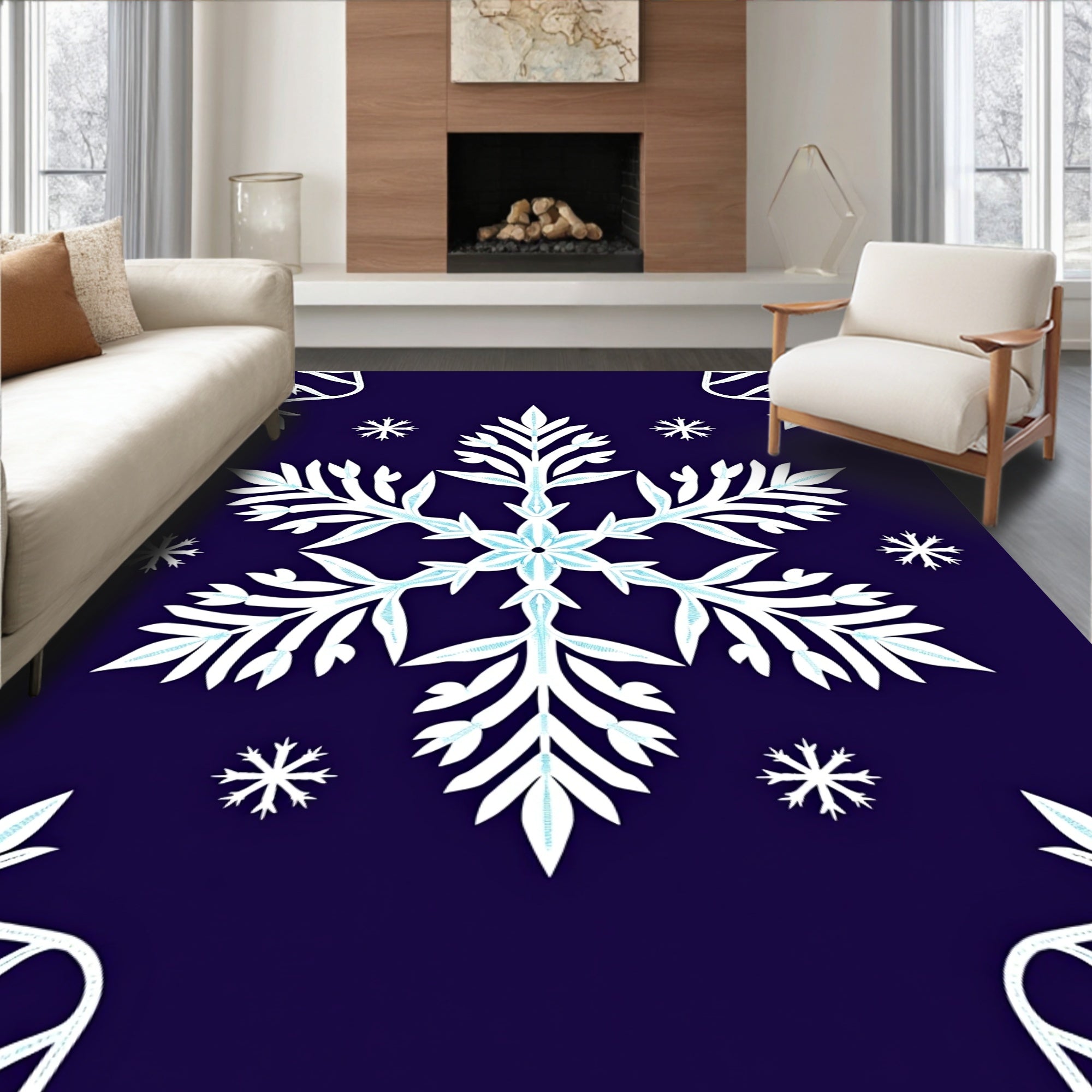 Deep Blue Winter Snowflake Collection Rug