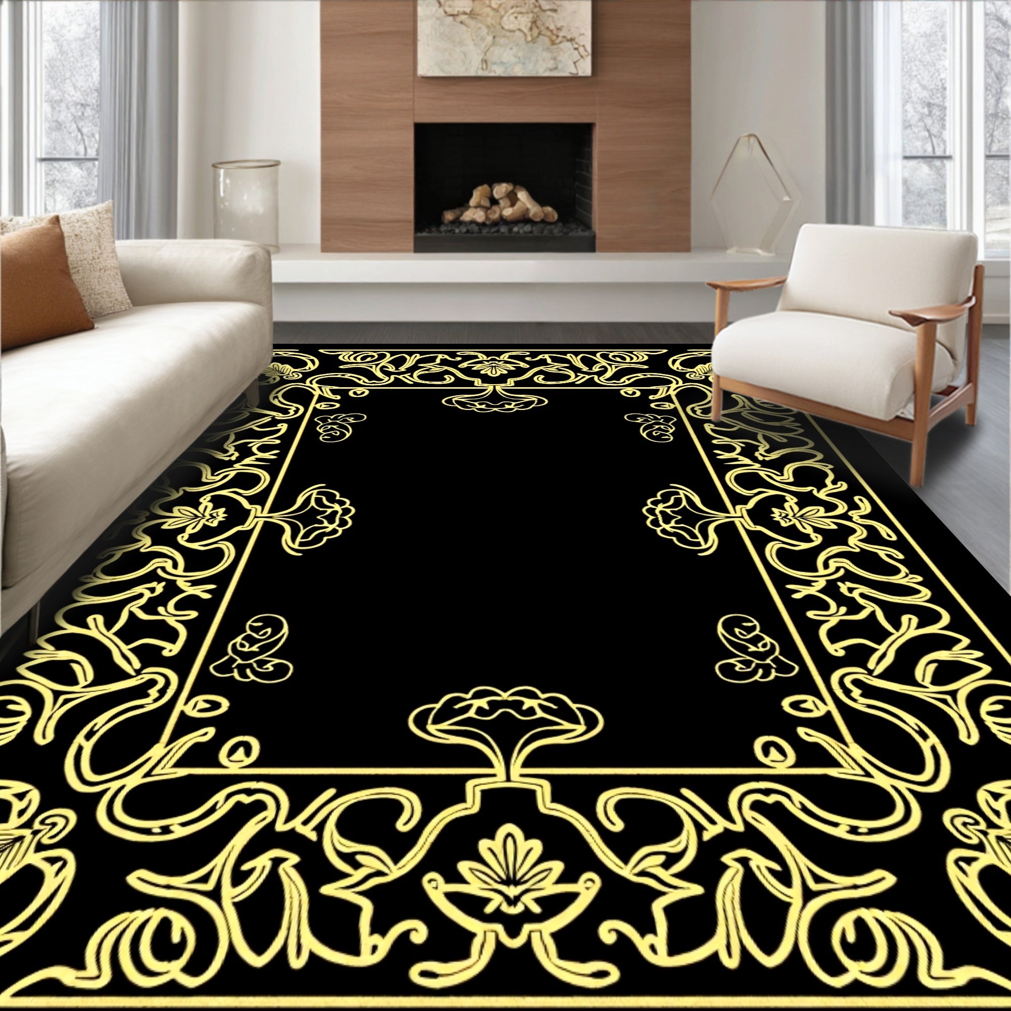 Ornate Yellow Scrollwork Floral Border Rug