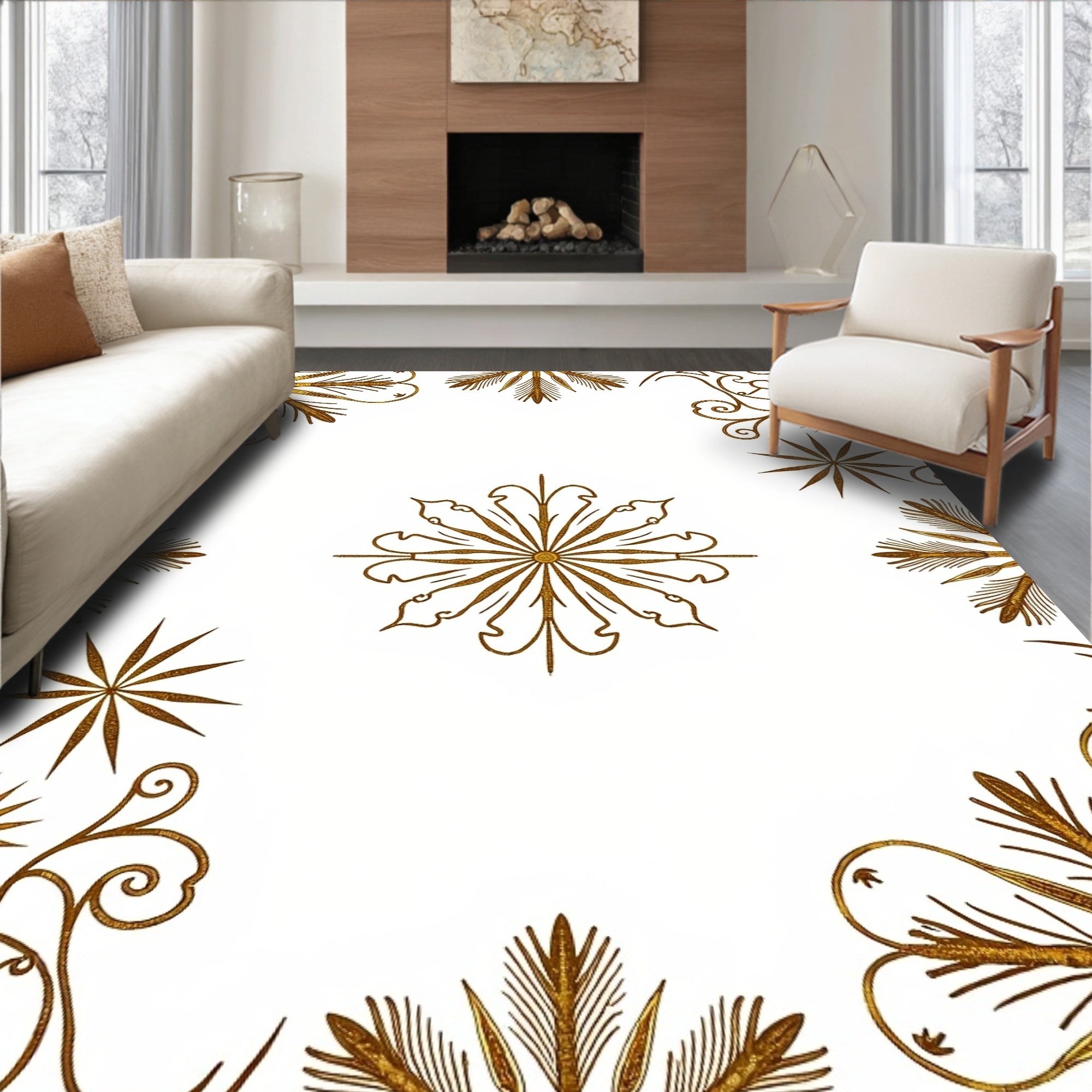 Golden Medallion Swirl Floral Art Rug