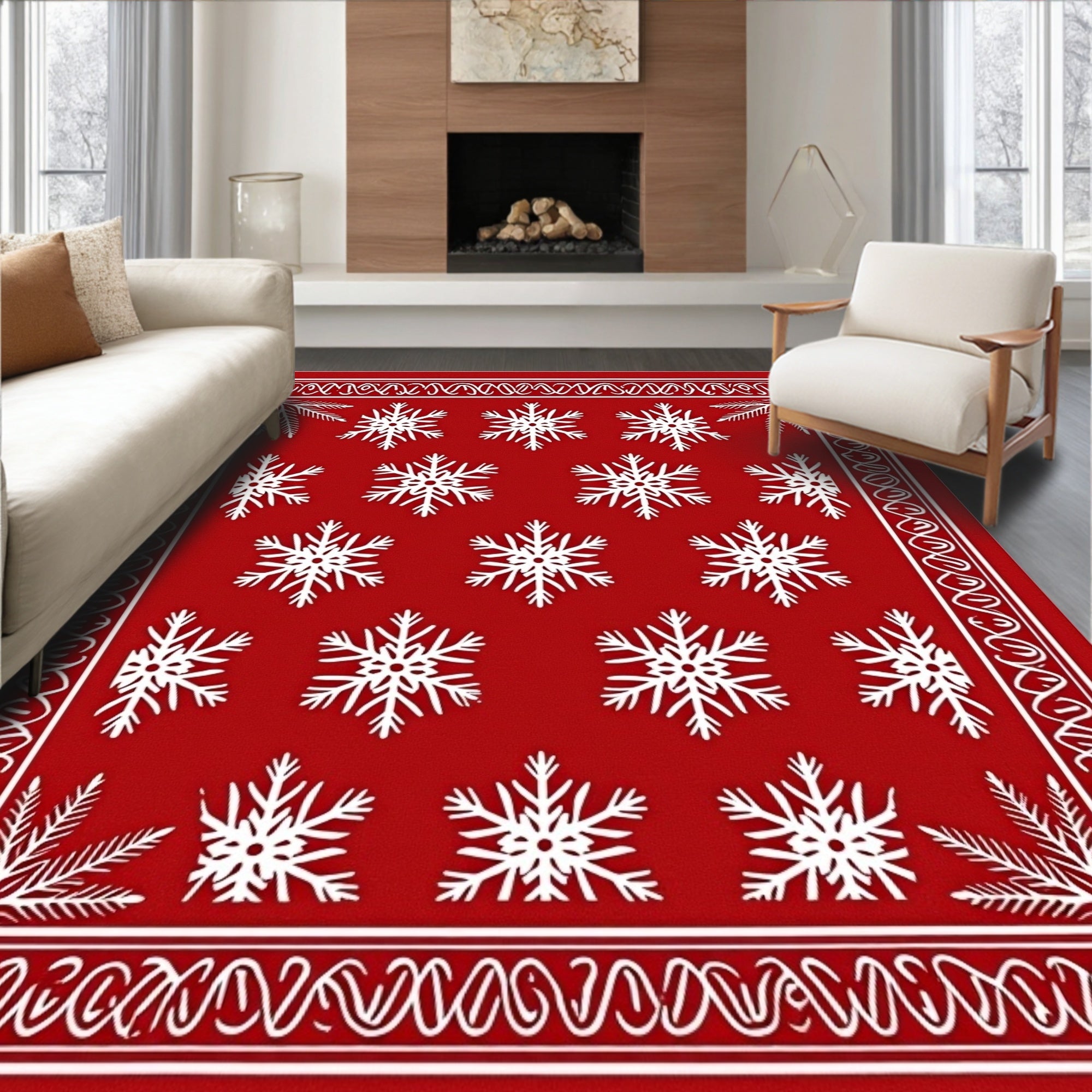 Red White Snowflake Winter Holiday Rug