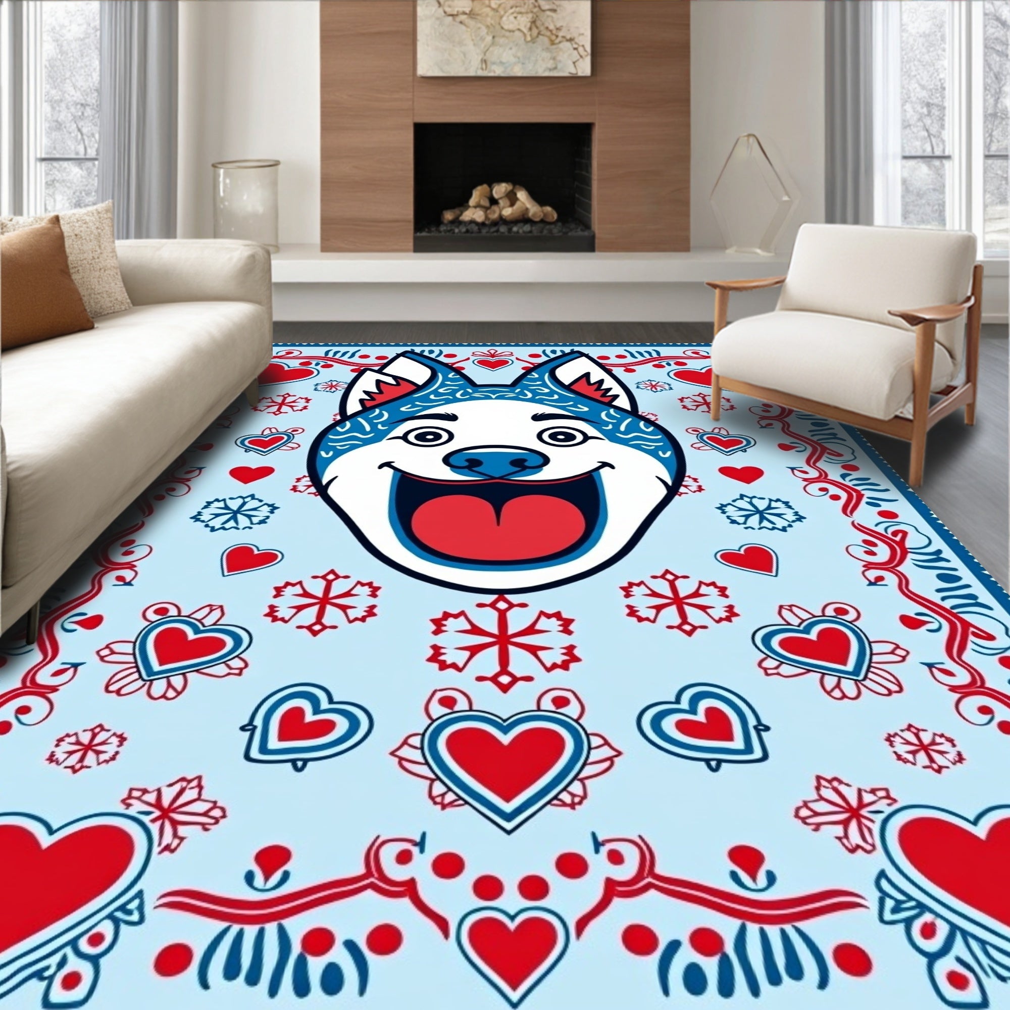 Blue Red Hearted Husky Joyful Rug