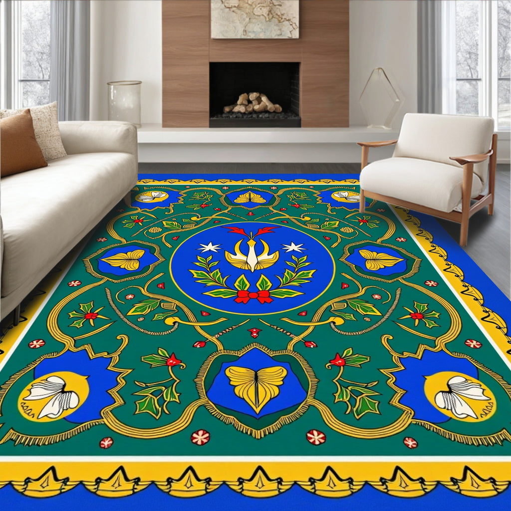 Emerald Green Floral Medallion Frame Rug