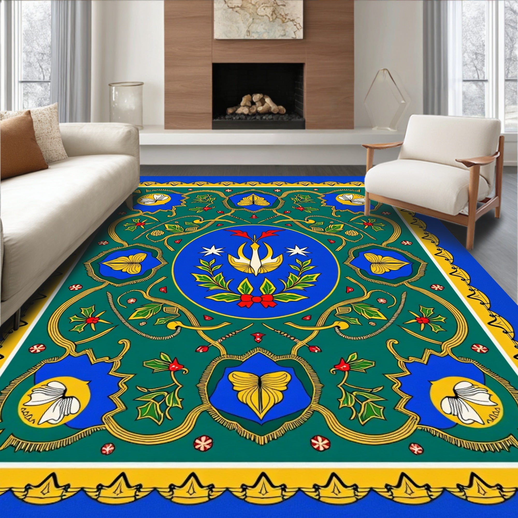 Emerald Green Floral Medallion Frame Rug