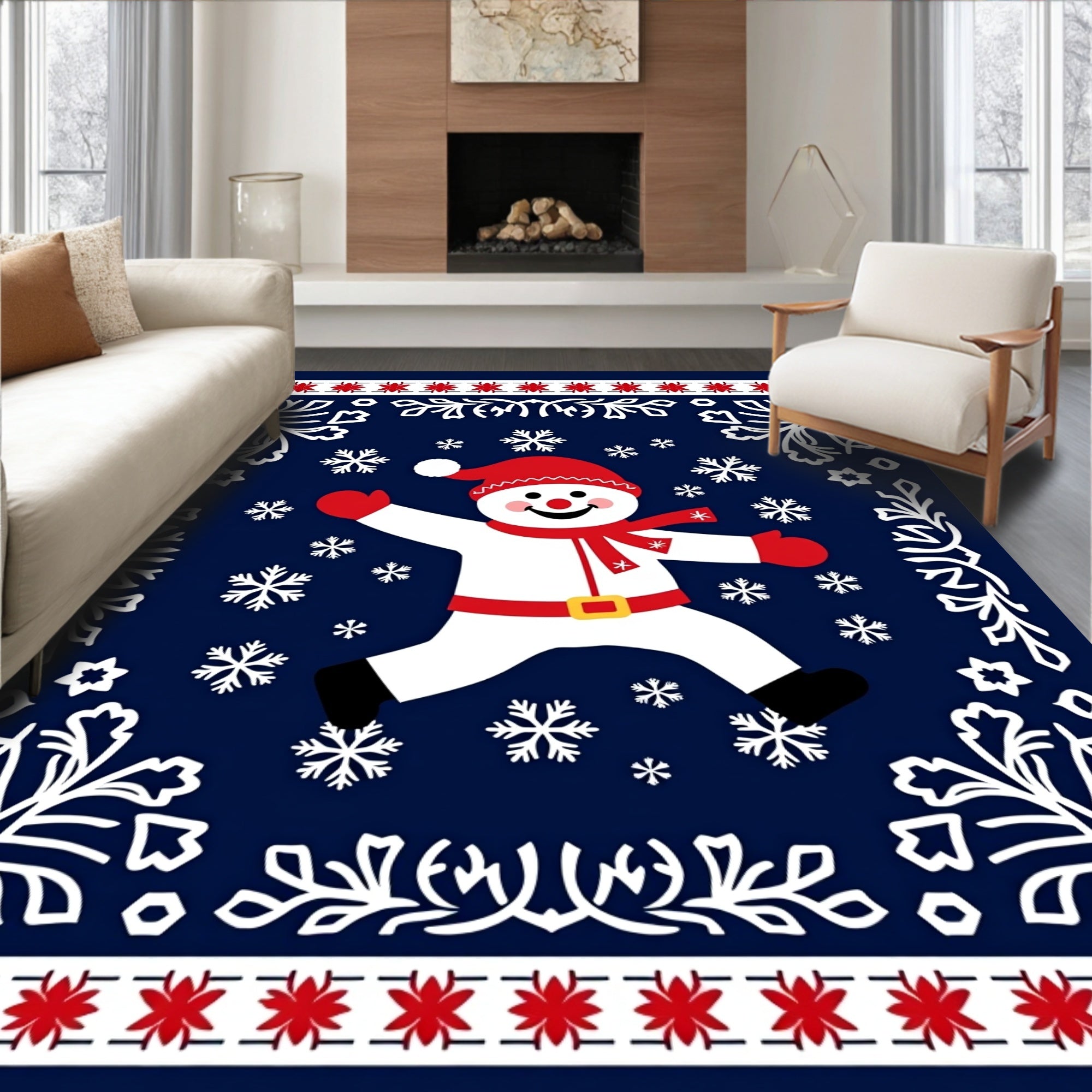 Merry Snowman Red Snowflake Border Rug