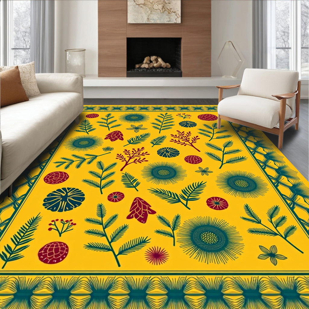 Golden Yellow Botanical Fern Medallion Rug
