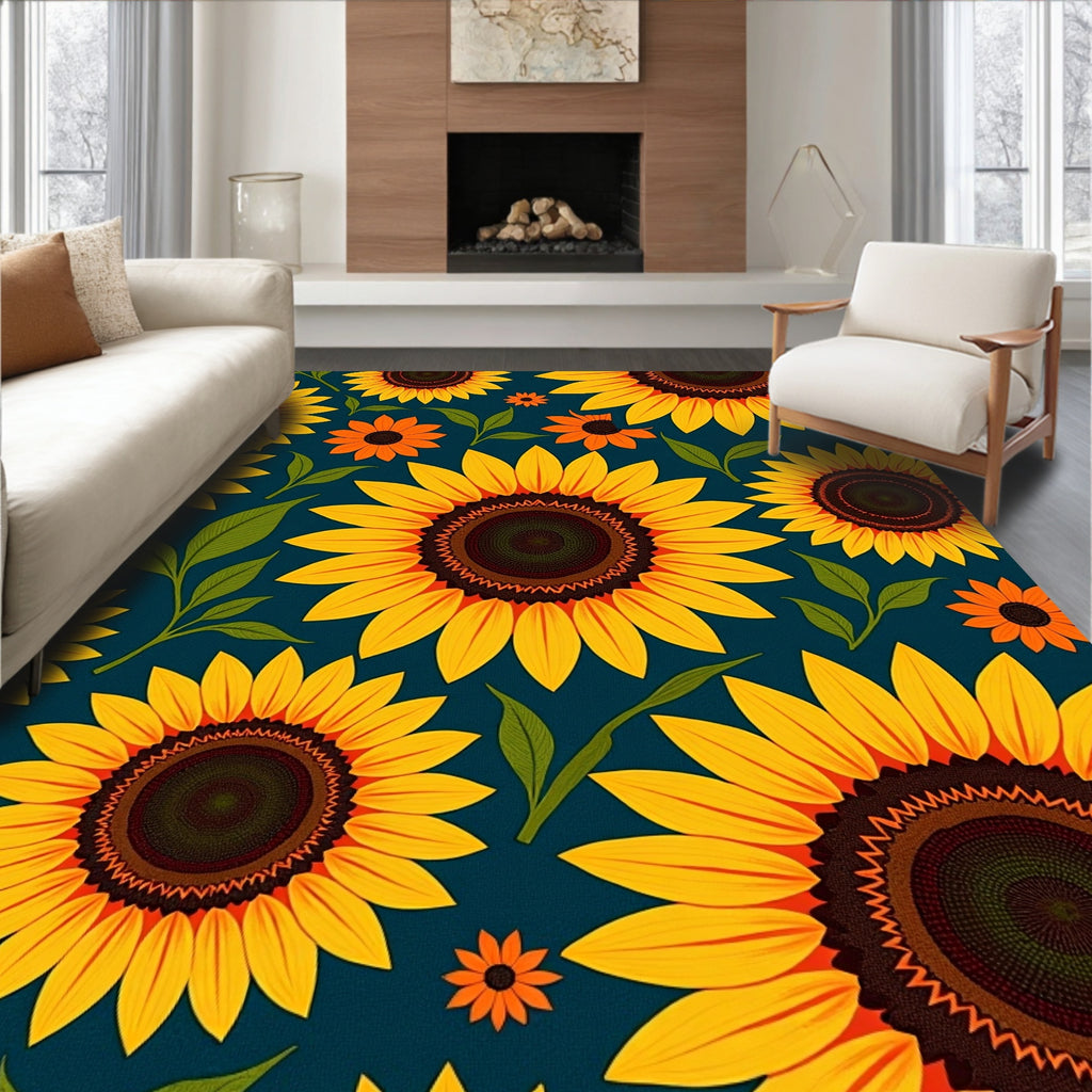 Golden Sunflowers On Dark Teal Background Rug