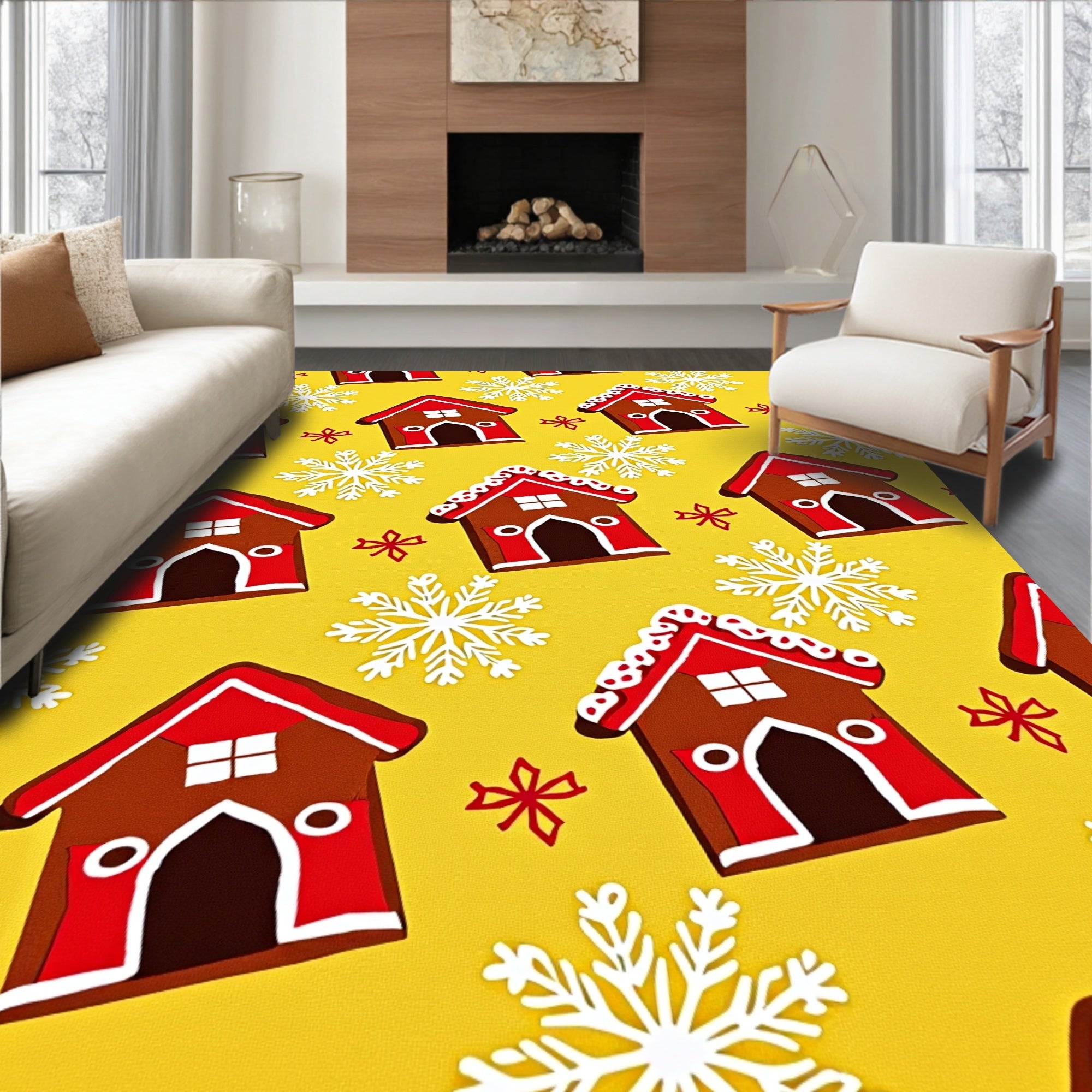 Gingerbread Houses Snowflakes Yellow Background Rug