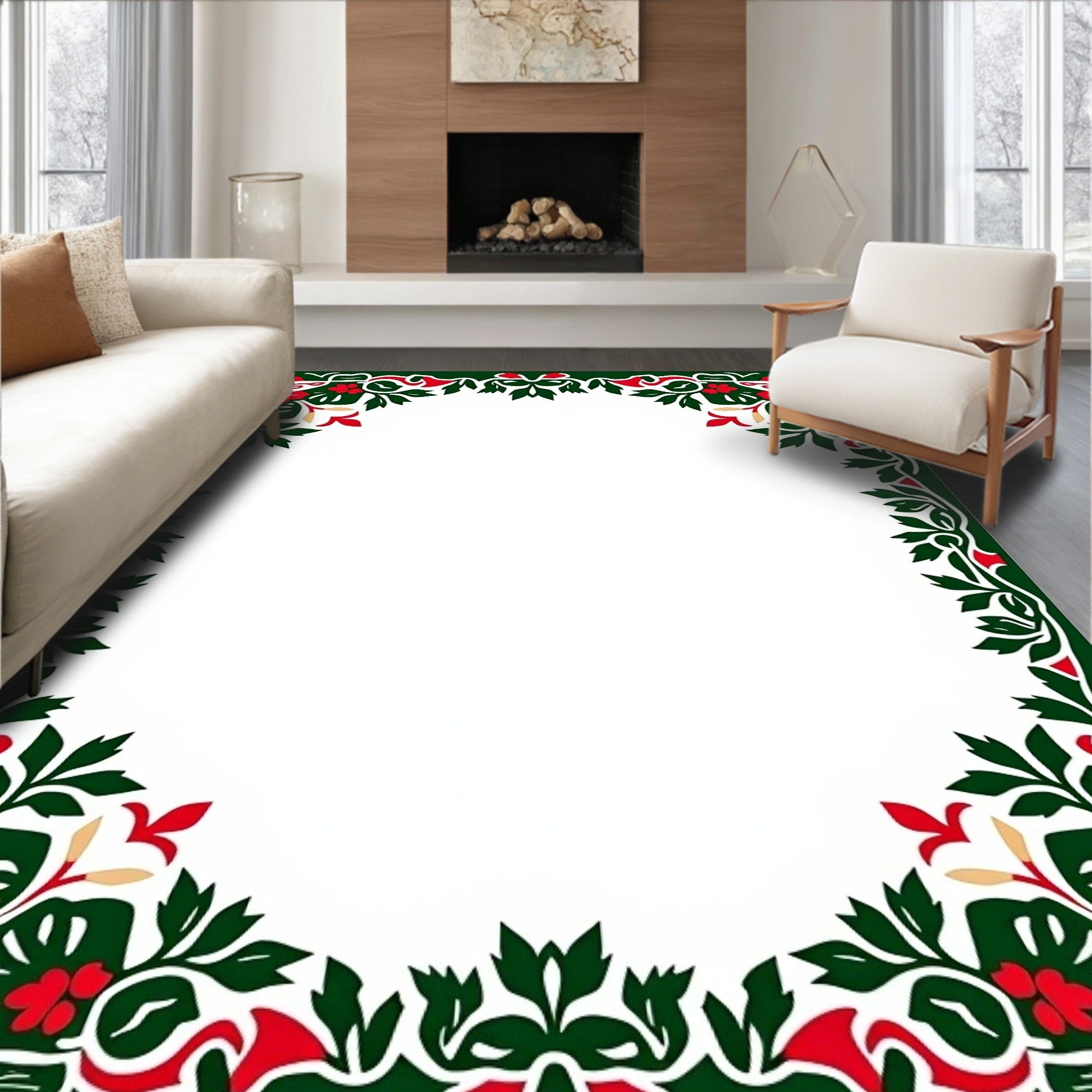 Vivid Red Hibiscus Green Tropical Border Rug