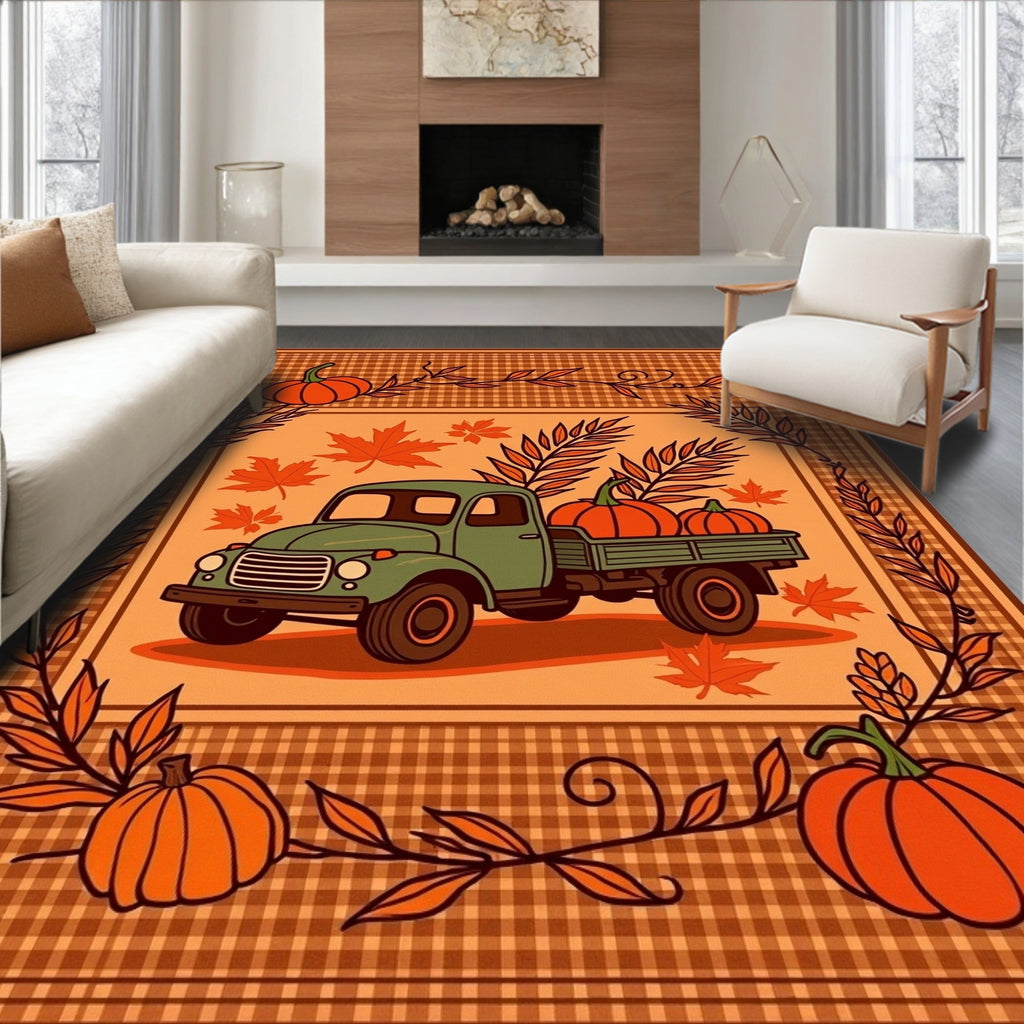 Orange Pumpkin Truck Autumn Garland Rug
