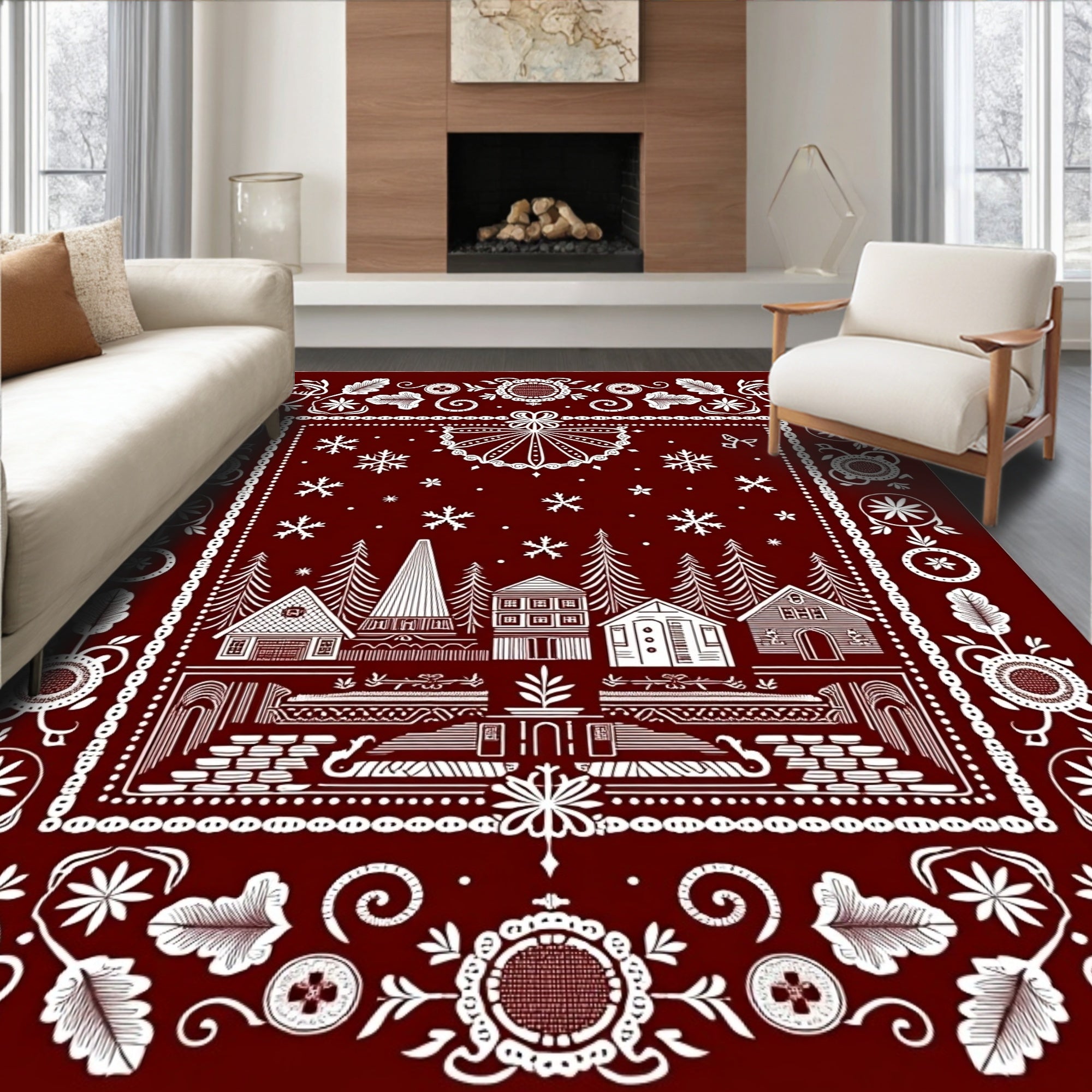 Deep Red Winter Village Folk Art Rug