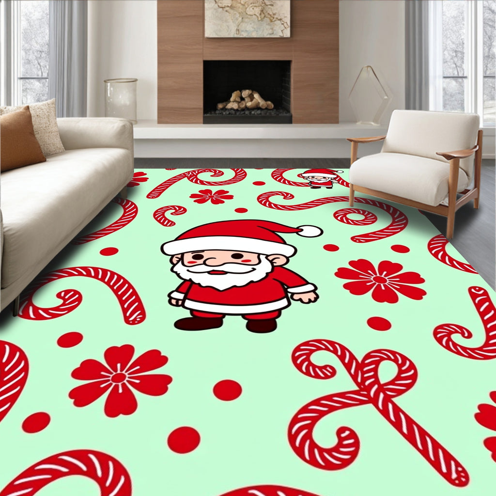 Santa Candy Cane Red Floral Background Rug