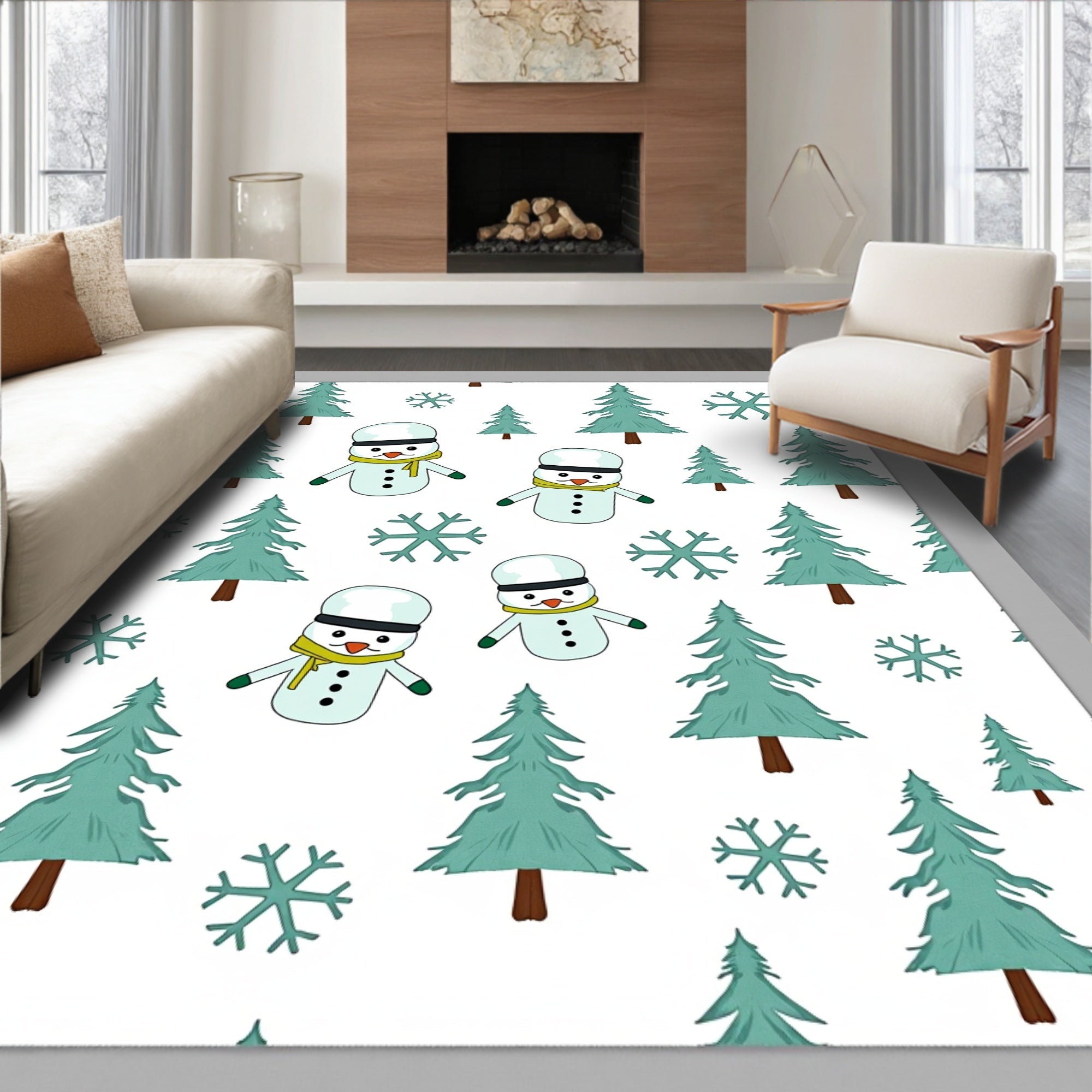 Festive Snowman Pine Tree Snowflakes Rug