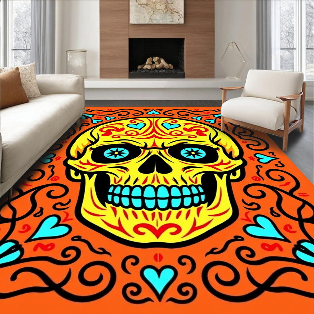 Yellow Sugar Skull with Teal Hearts Rug