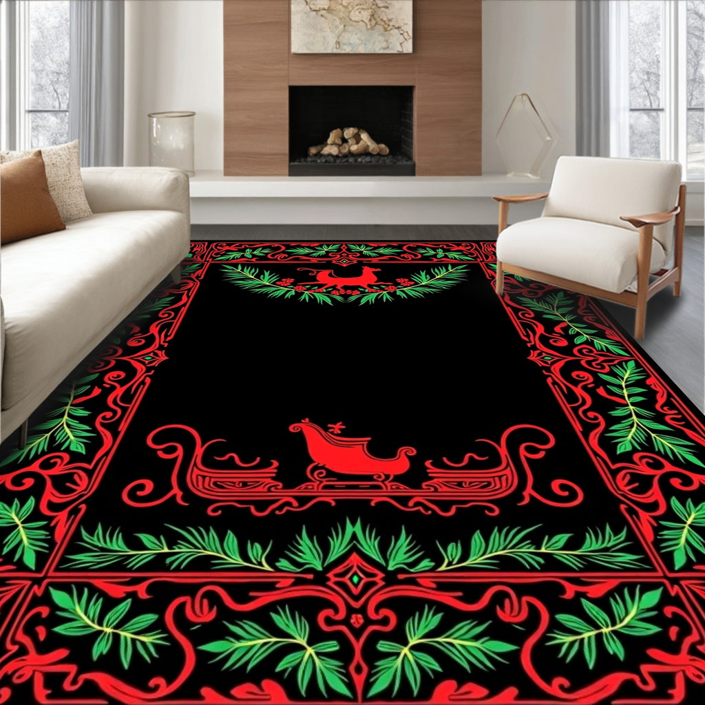 Red Green Festive Sleigh Animal Border Rug