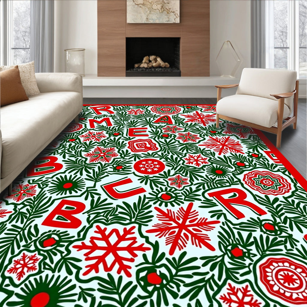 Red Green Christmas Letter Snowflake Collage Rug
