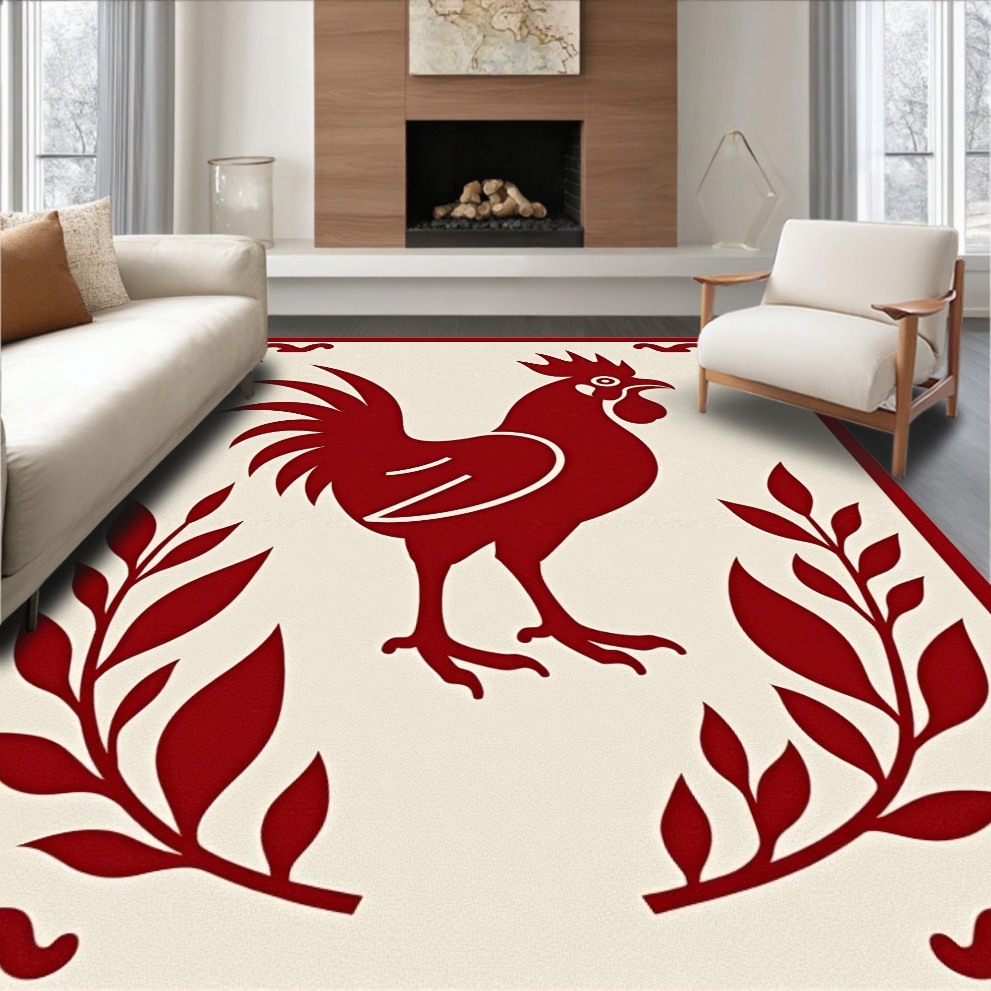 Crimson Rooster Branch Border Rug