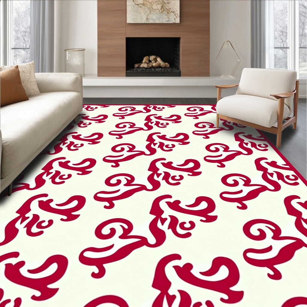 Crimson Swirls Across Off-White Canvas Rug
