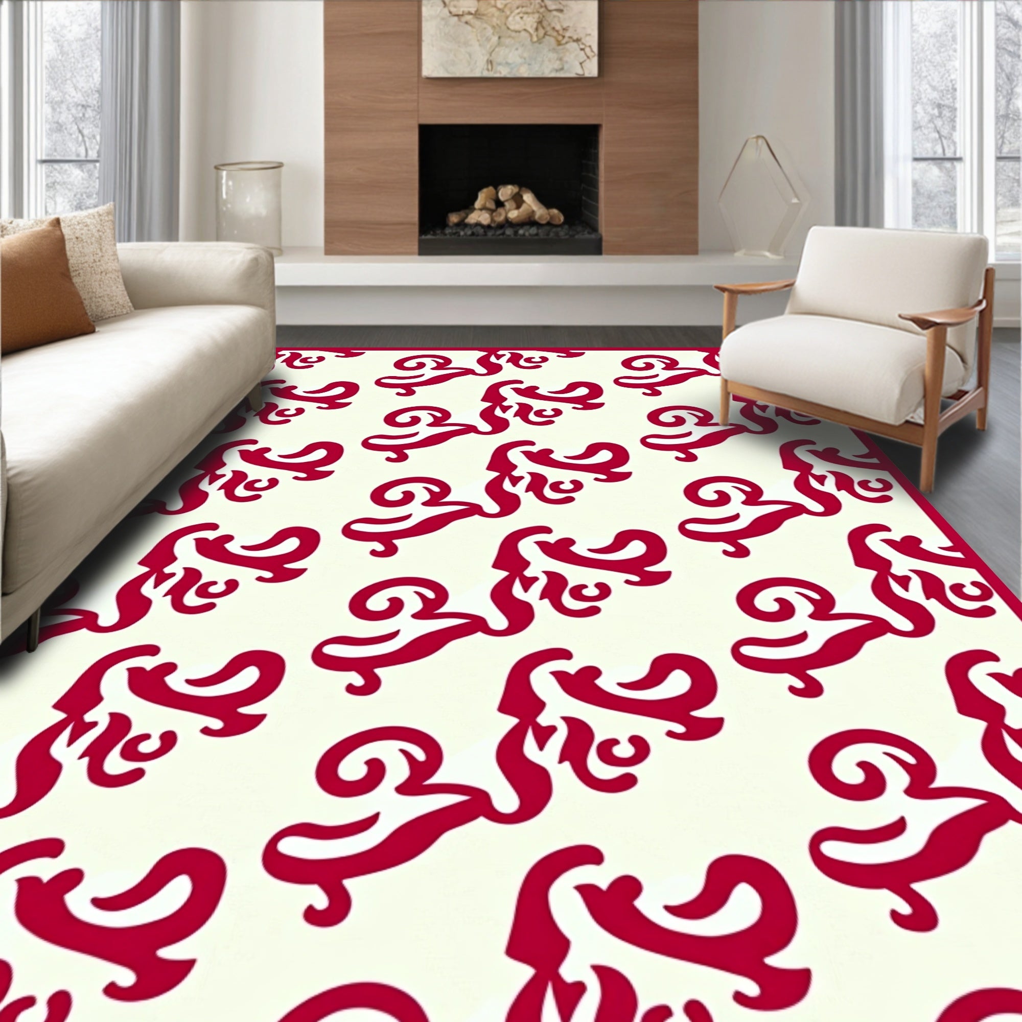 Crimson Swirls Across Off-White Canvas Rug