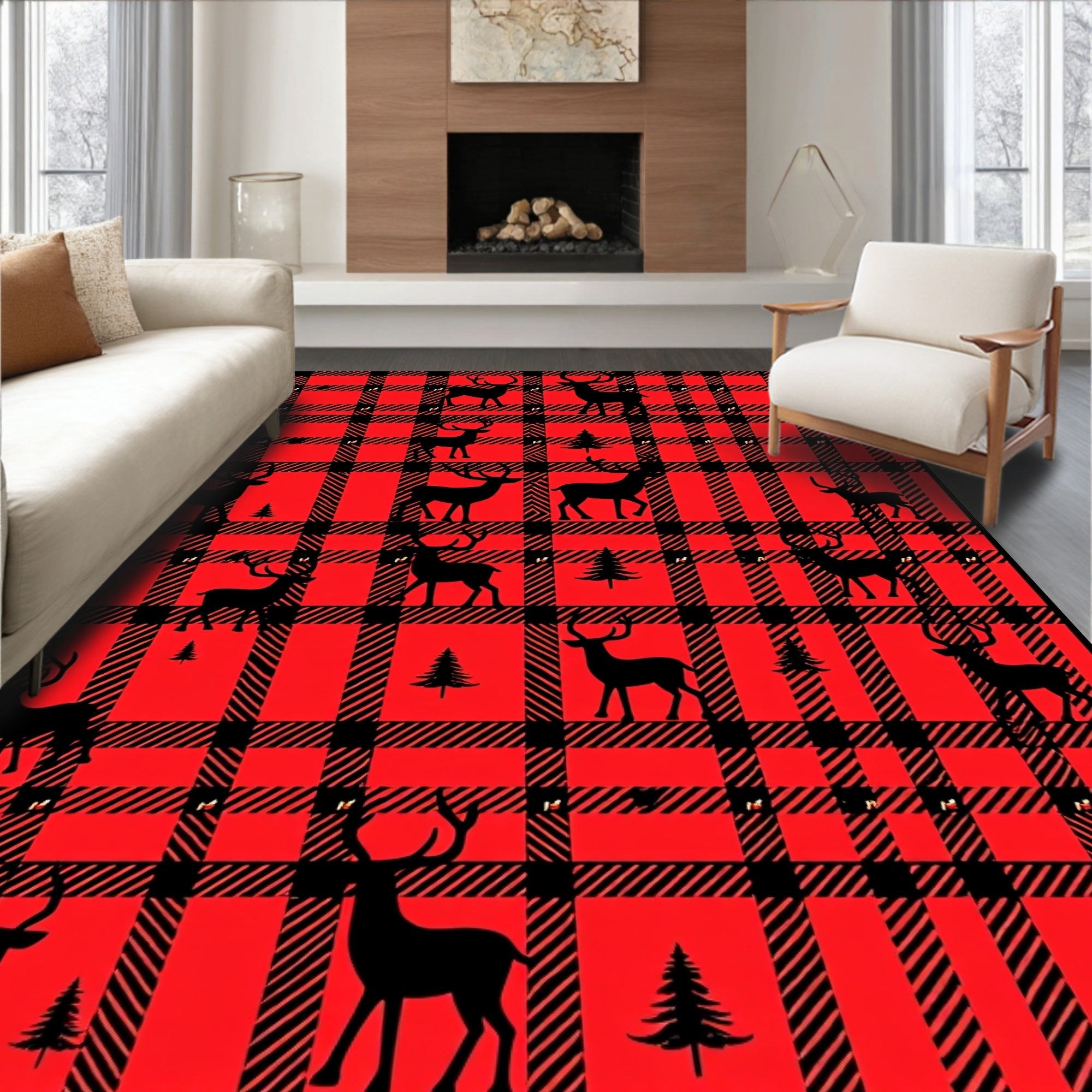 Red Black Plaid Deer Forest Rug