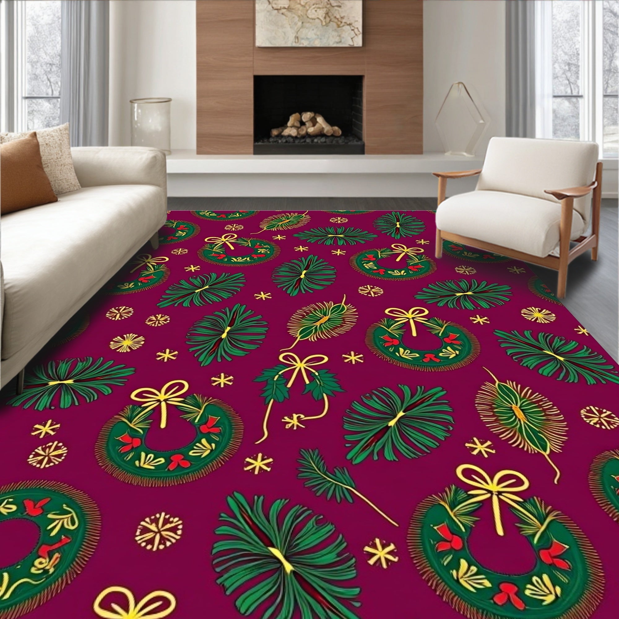 Holiday Wreath Green Gold Background Rug