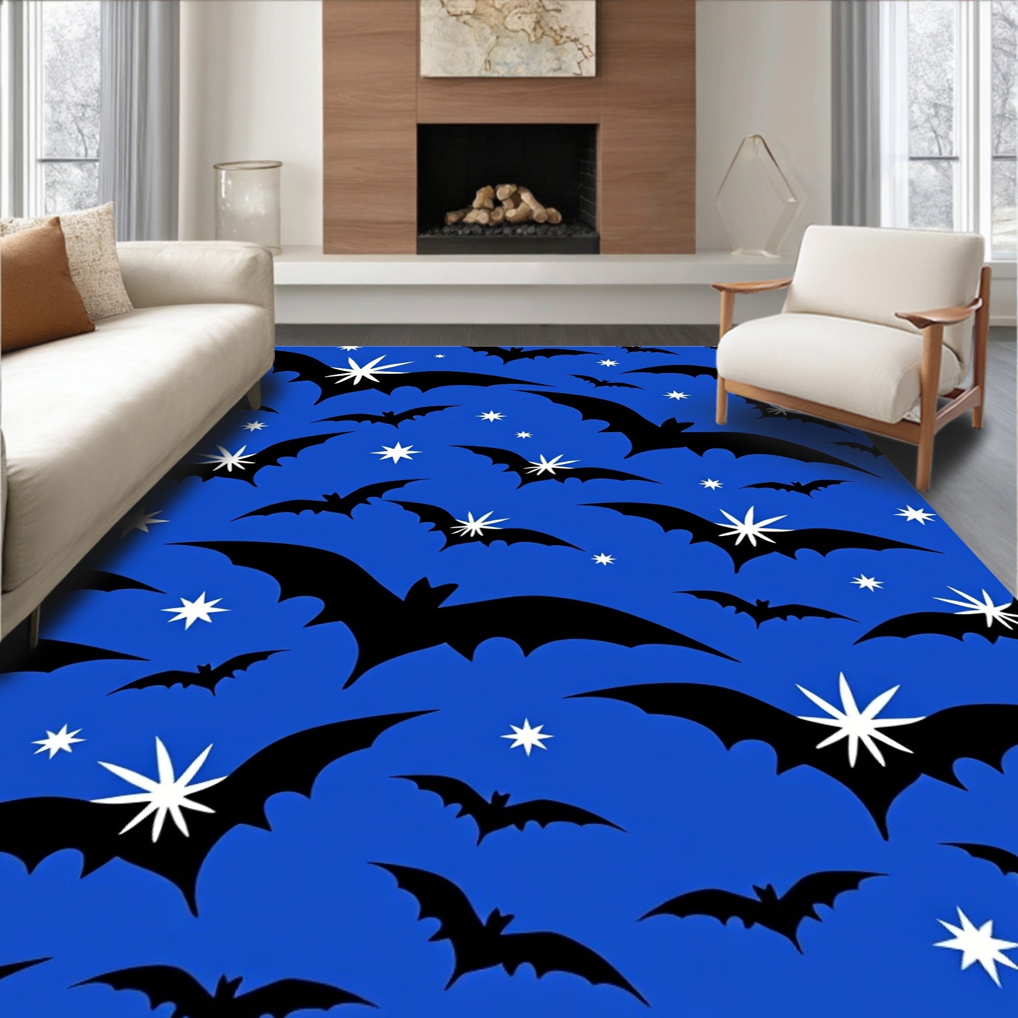 Bold Black Bats Starlight Sky Rug