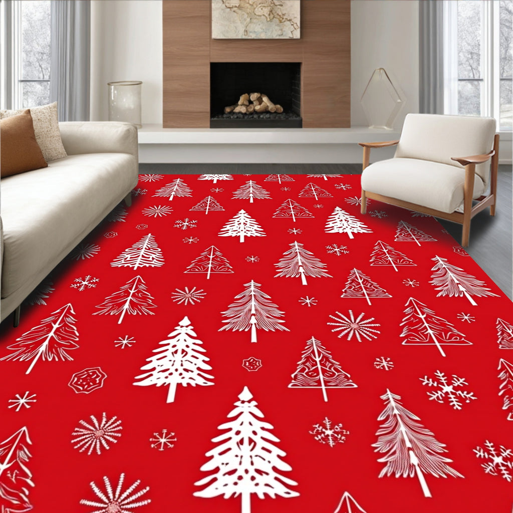 Red White Festive Tree Snowflakes Rug