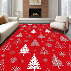 Red White Festive Tree Snowflakes Rug