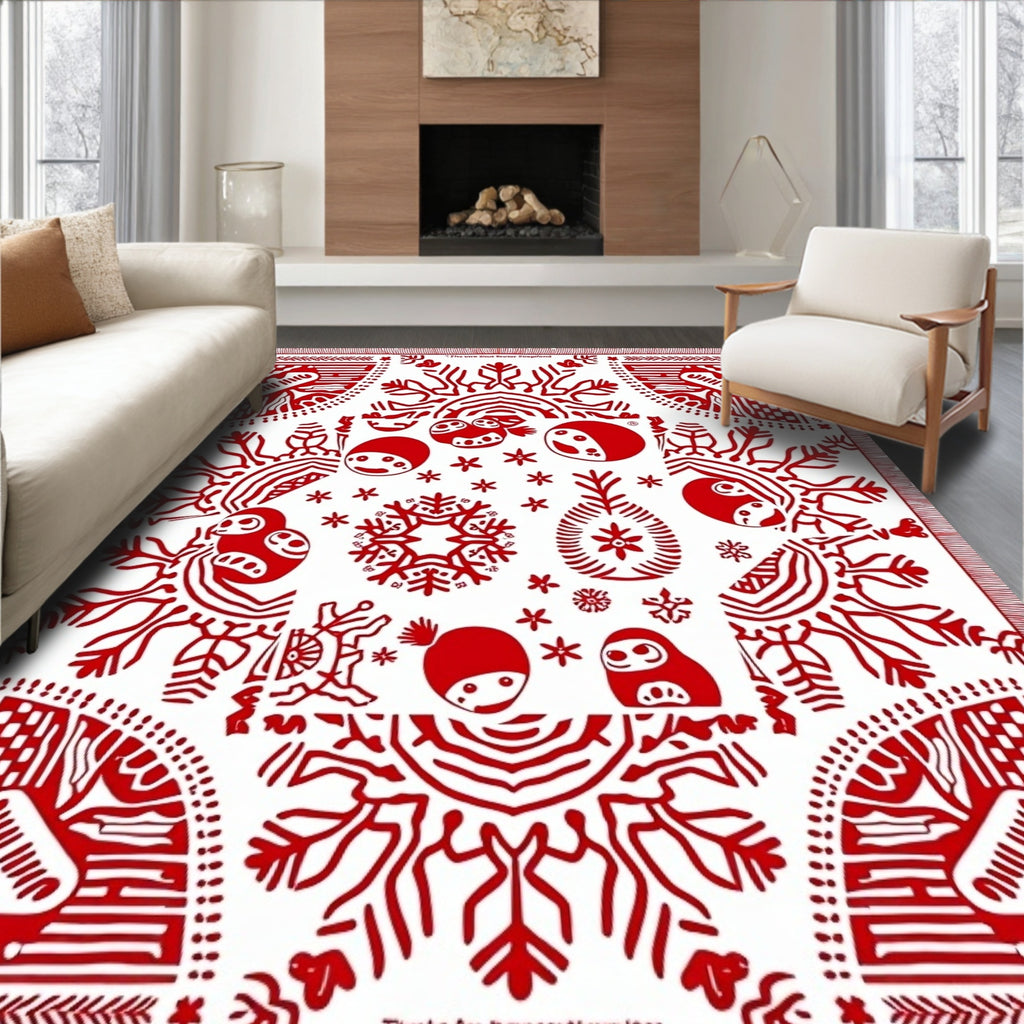 Crimson Whimsical Folk Creature Medallion Rug