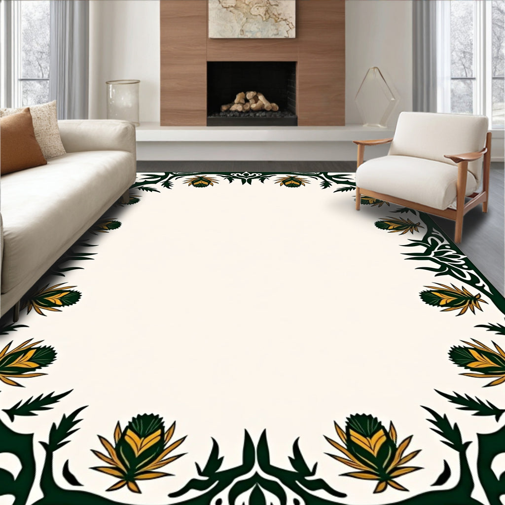 Ornate Green Gold Floral Border Rug