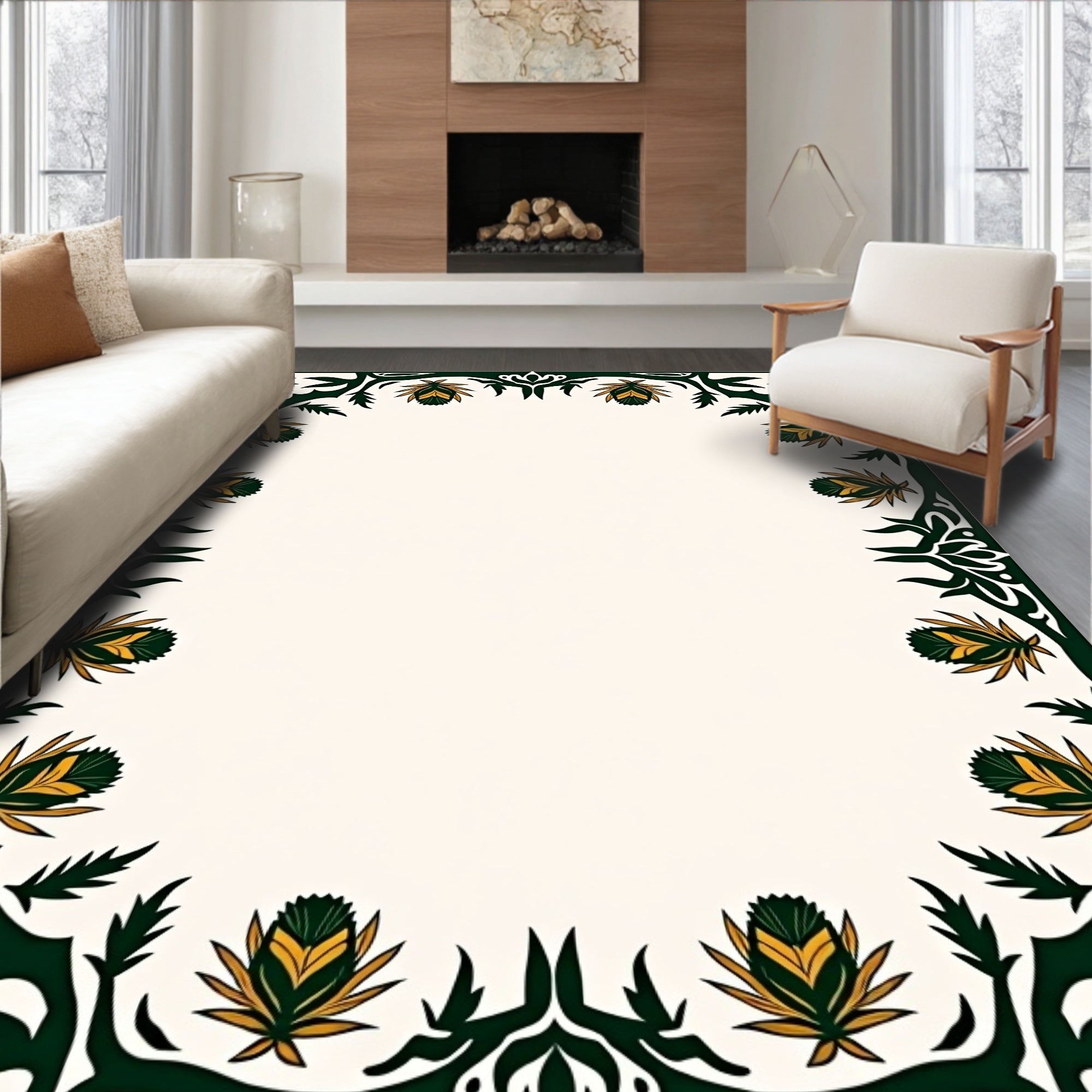 Ornate Green Gold Floral Border Rug