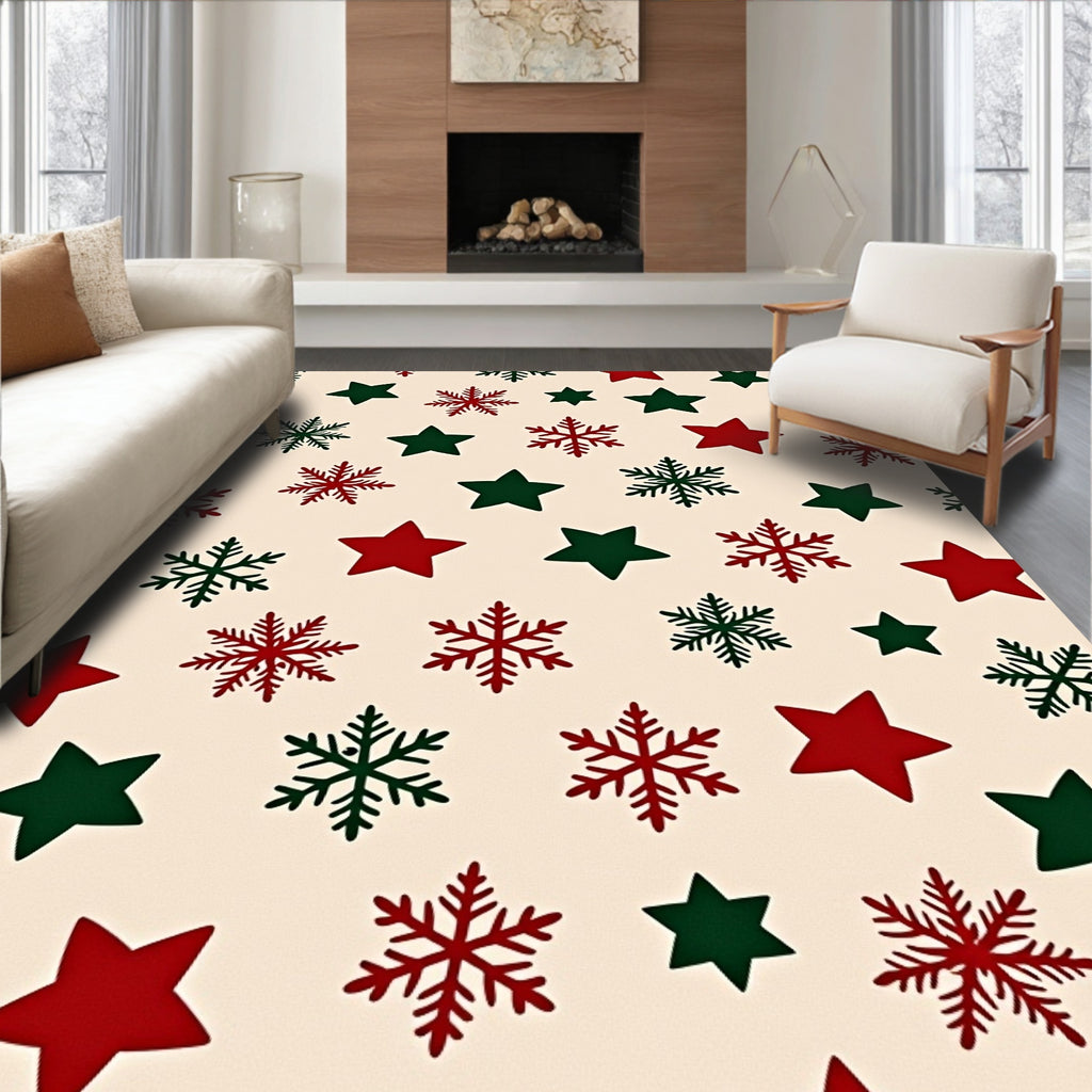 Festive Red Green Star Snowflake Rug