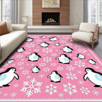 Pink Penguin Snowflake Scene Rug