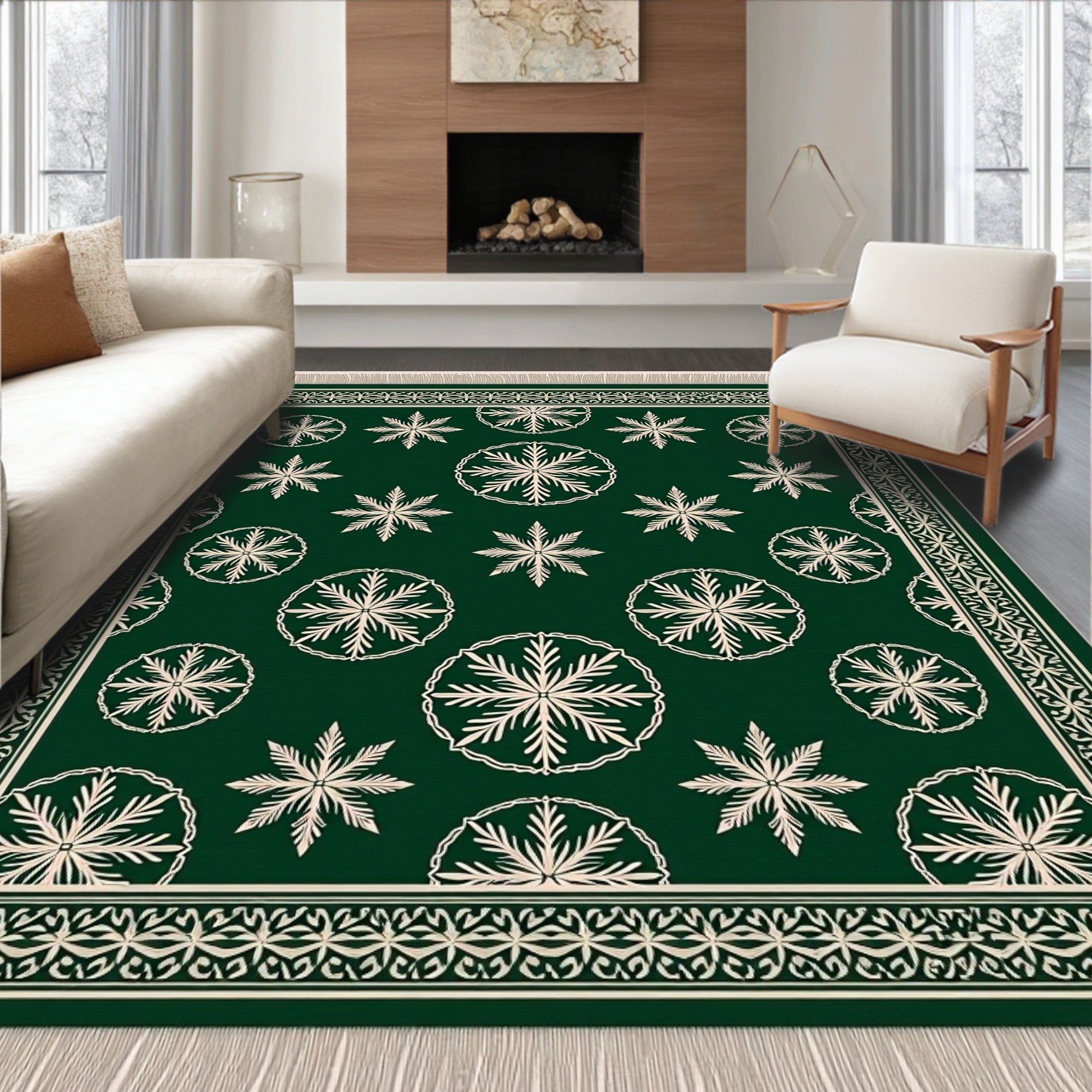 Forest Green Snowflake Border Rug