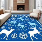 Blue White Reindeer Snowflake Winter Scene Rug