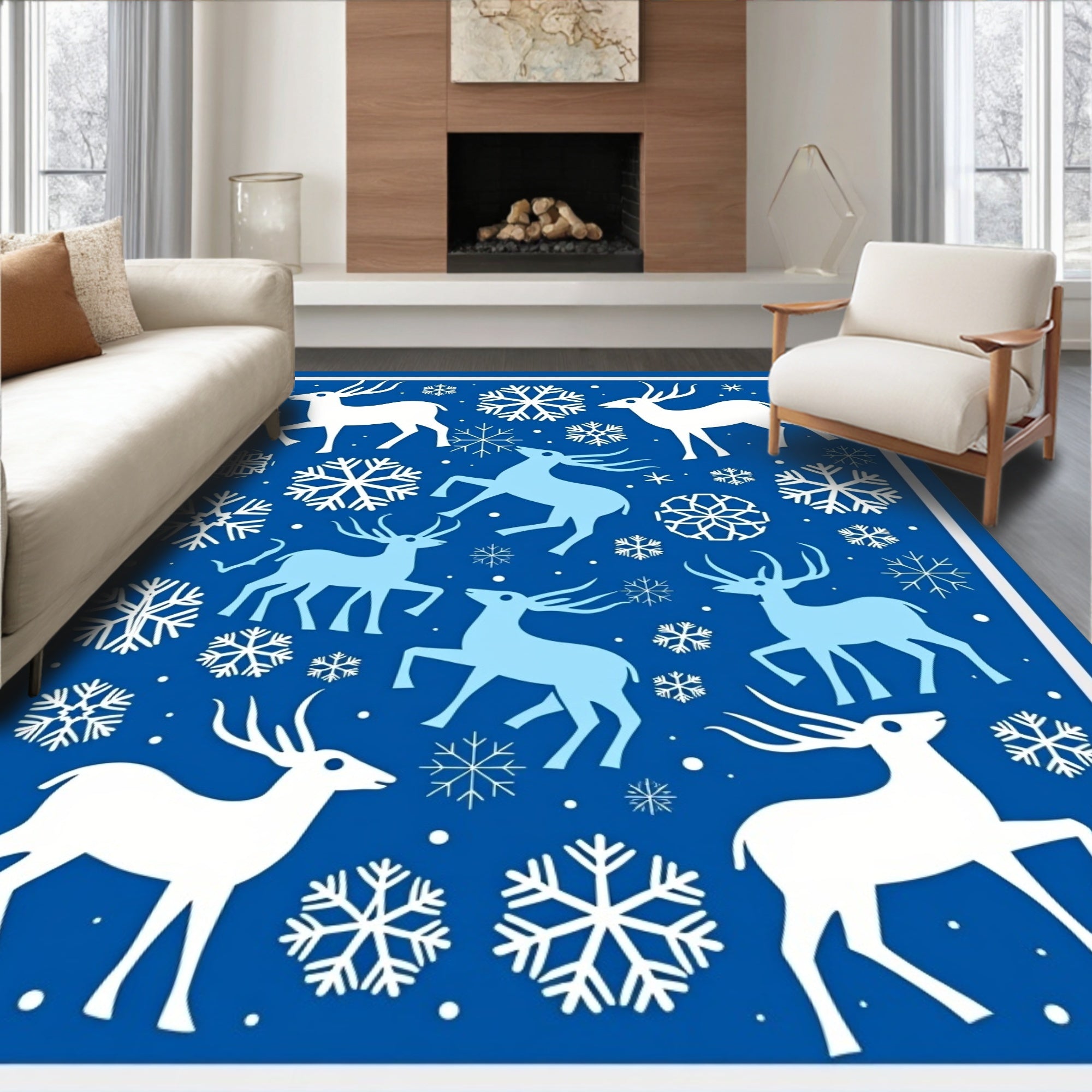 Blue White Reindeer Snowflake Winter Scene Rug