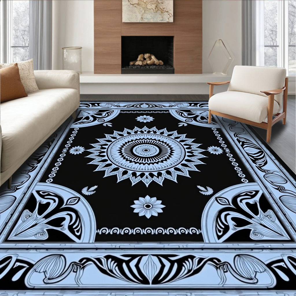 Black Light Blue Floral Medallion Art Nouveau Rug