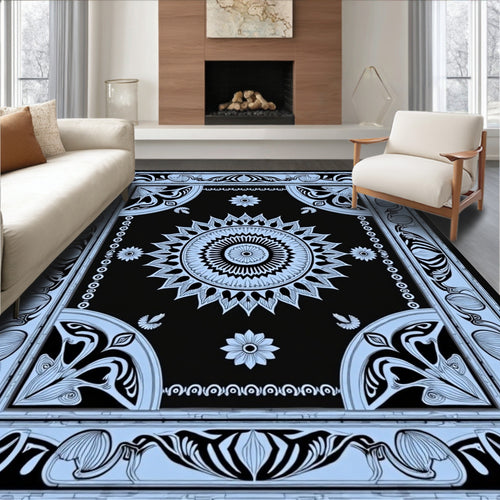 Black Light Blue Floral Medallion Art Nouveau Rug