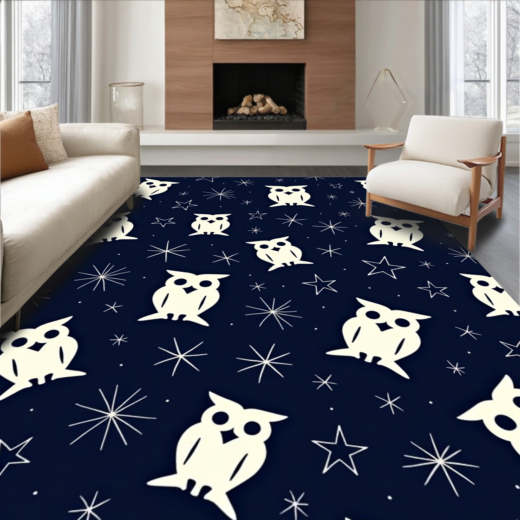Cream Owl Starry Night Rug