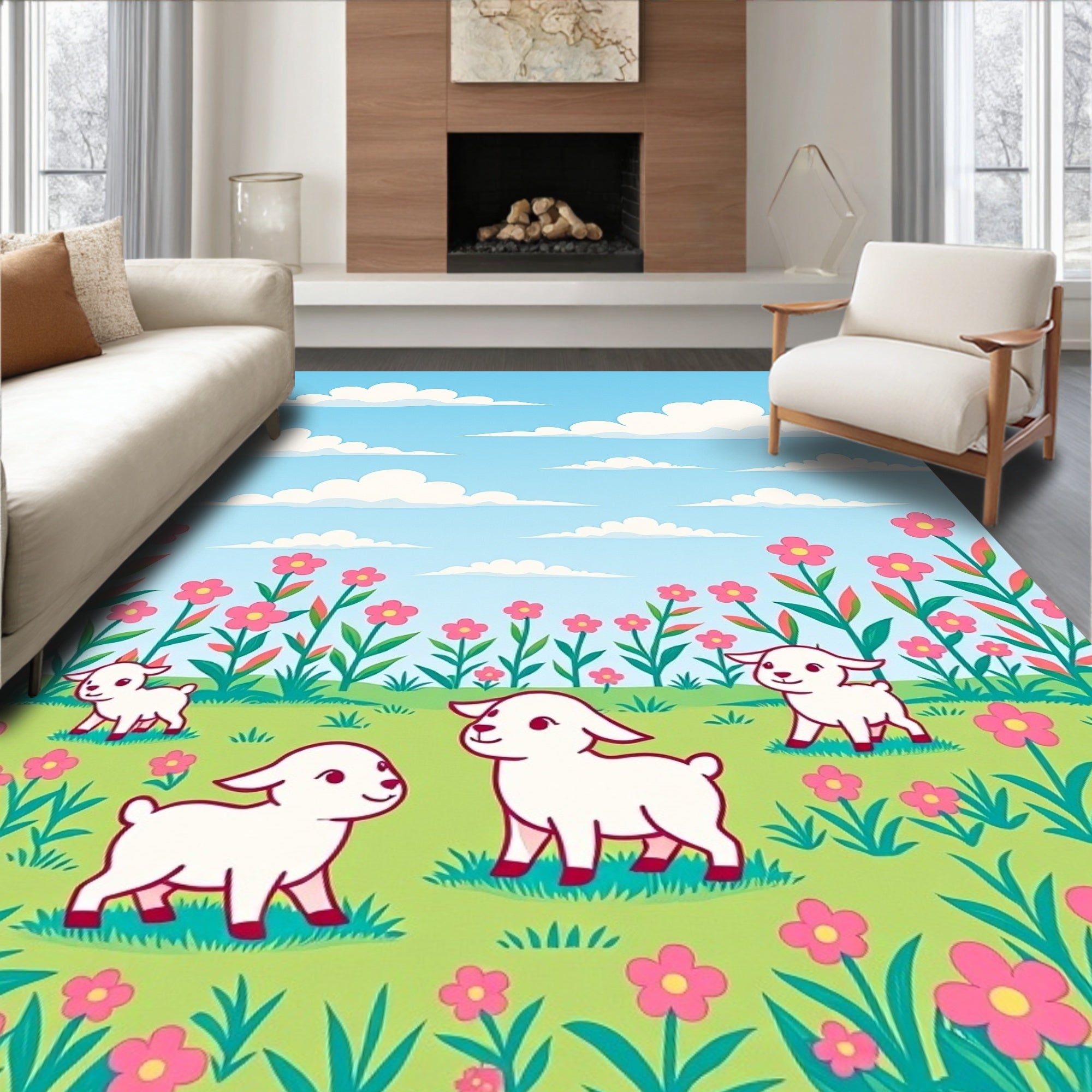 Spring Meadow Lambs Pink Flowers Rug