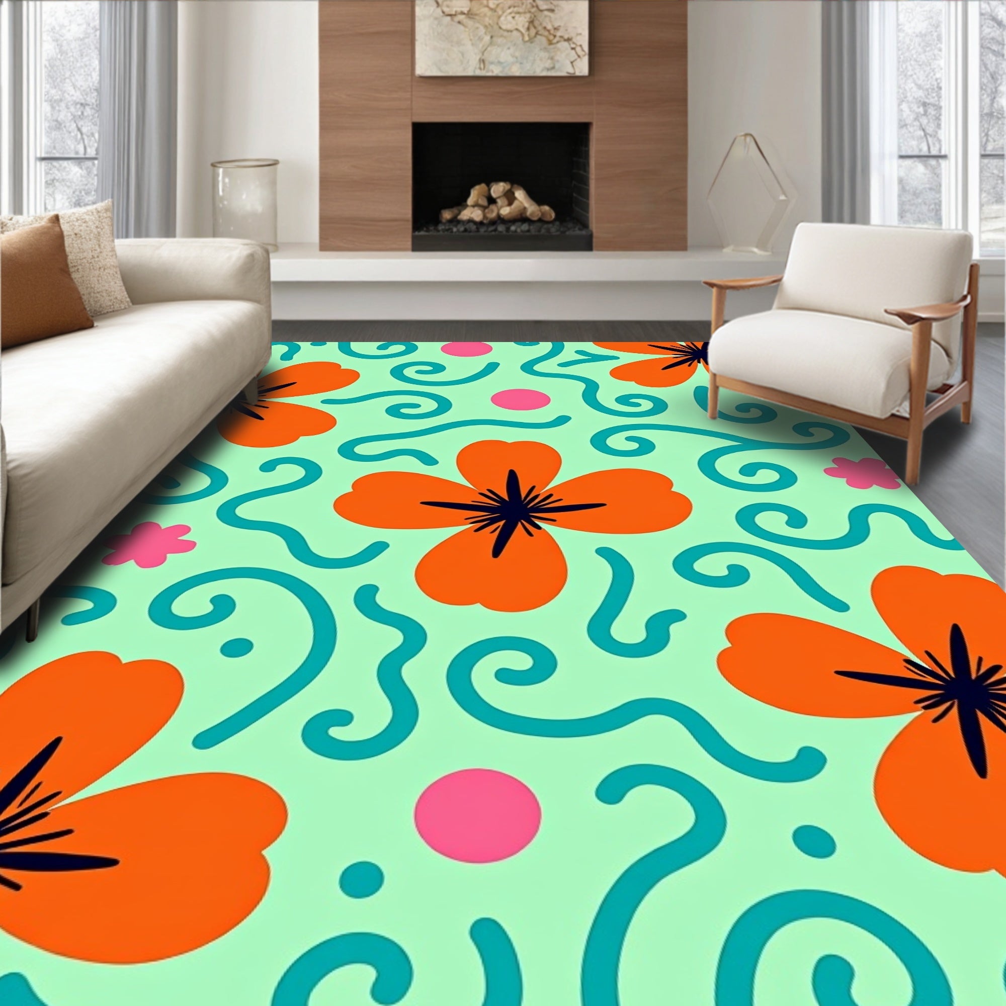 Modern Orange Floral Teal Swirl Rug