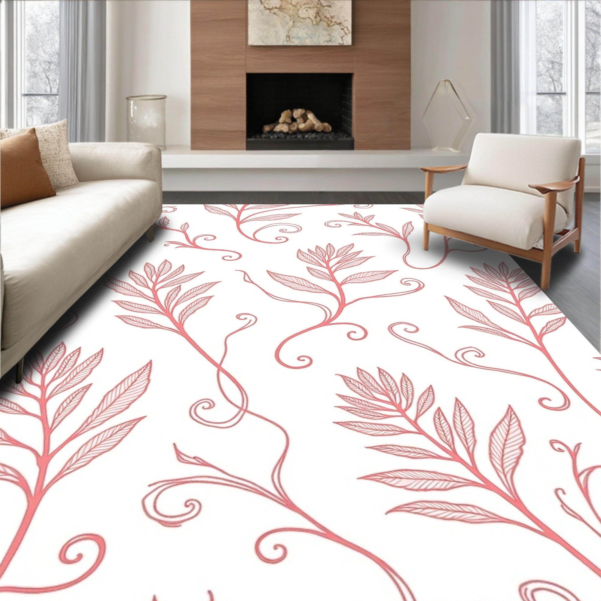 Coral Vine Botanical Leaf Swirls Rug
