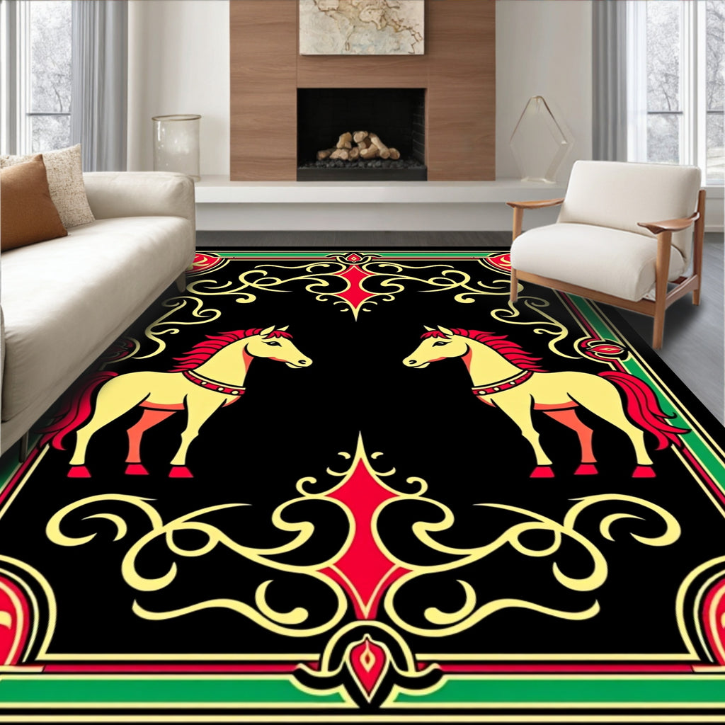 Golden Yellow Horses Red Green Border Rug