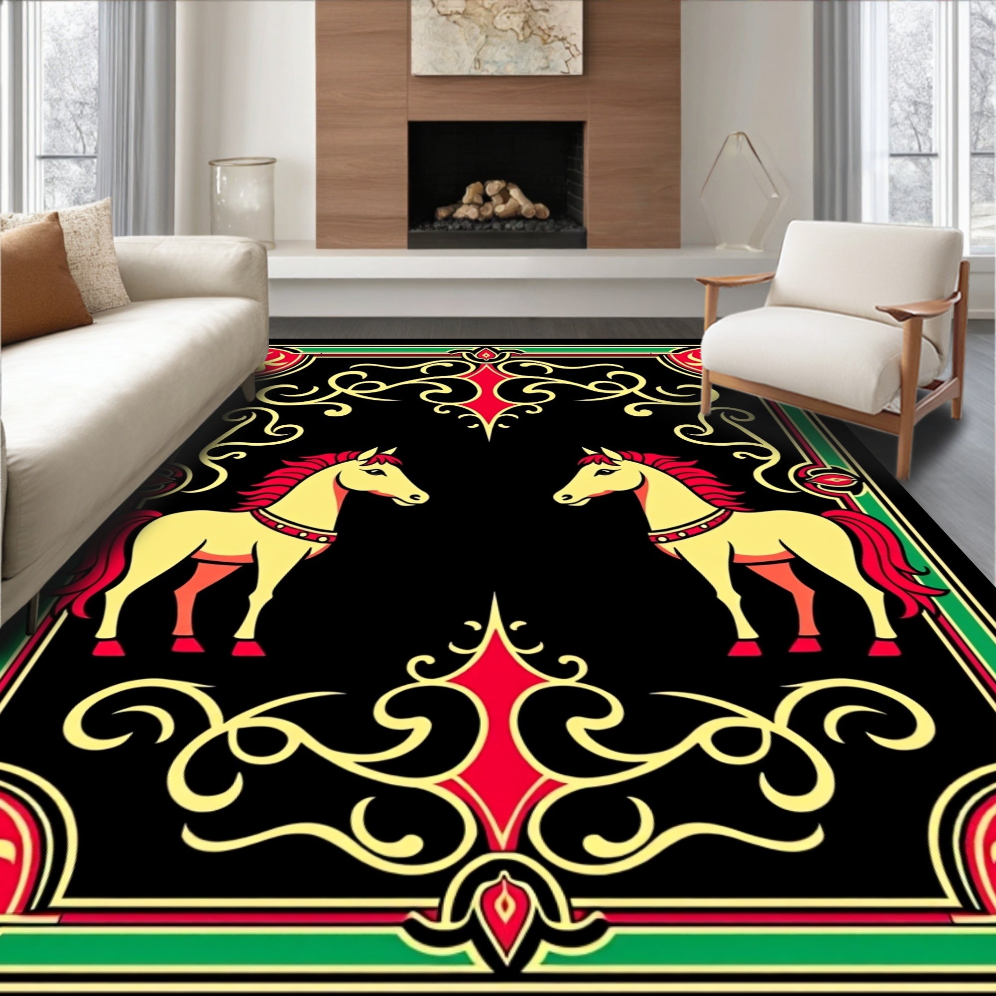 Golden Yellow Horses Red Green Border Rug