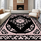 Black Pink Floral Scroll Border Rug