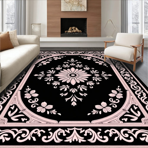 Black Pink Floral Scroll Border Rug