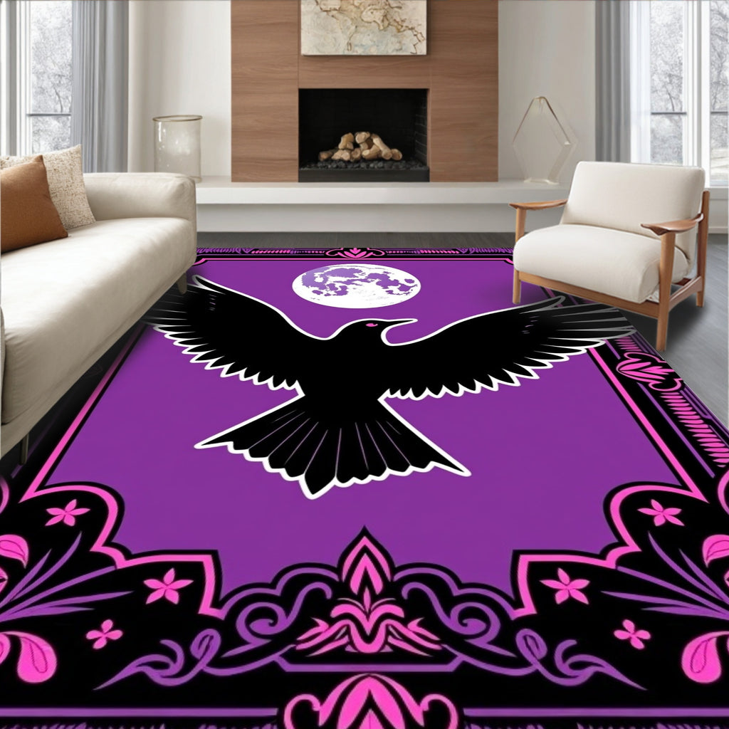 Mystical Black Crow Purple Moon Rug