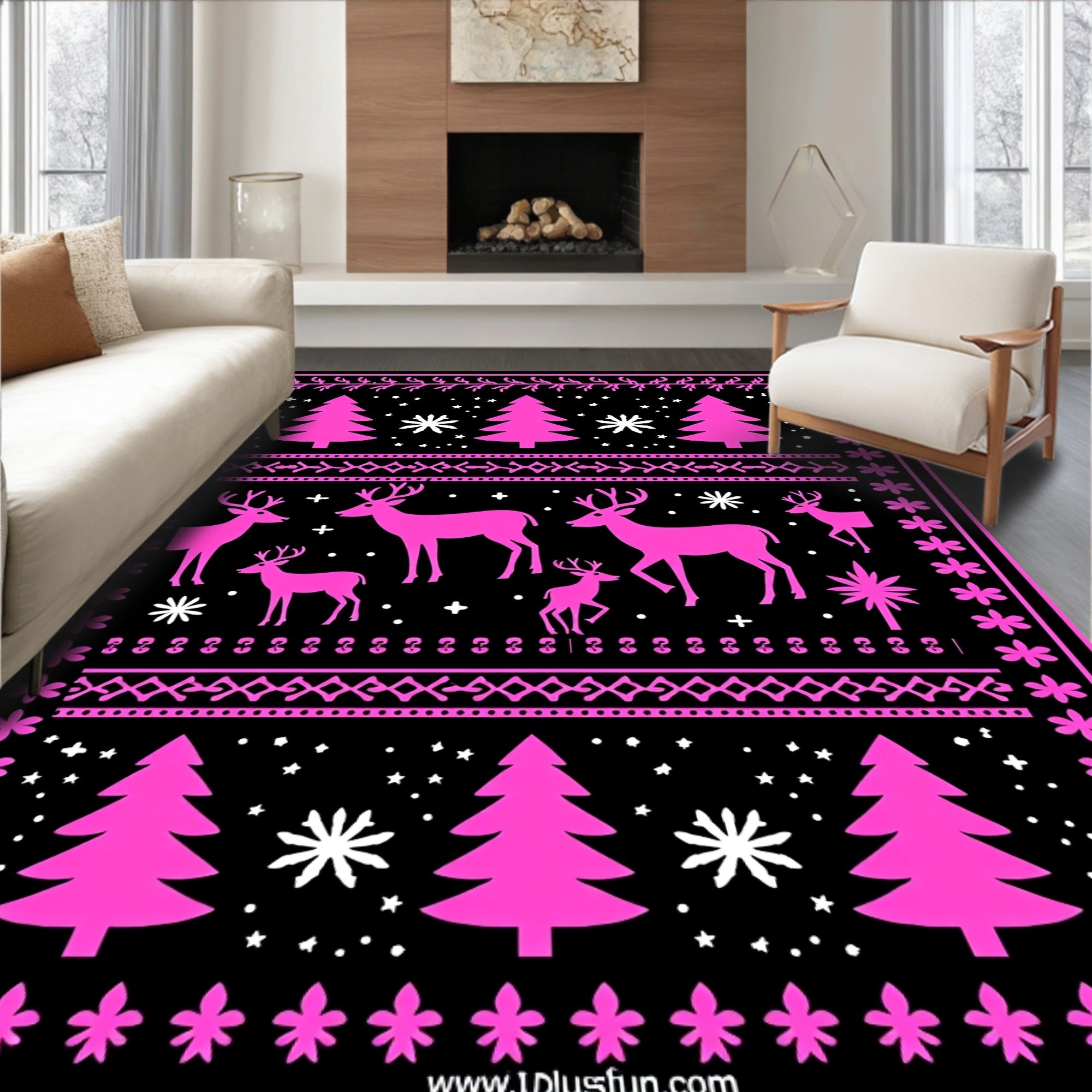 Pink Deer and Tree Nordic Rug